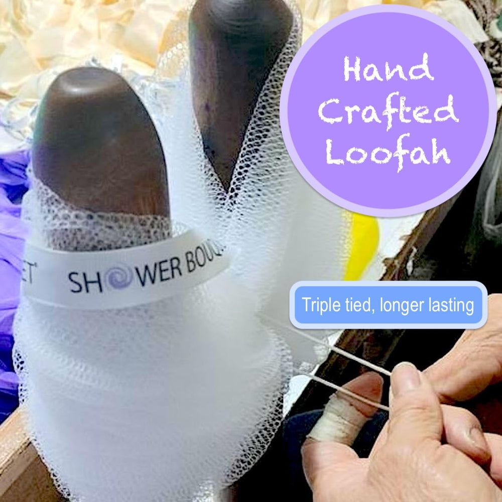 Shower Bouquet loufa-charbon 75g avec ruban: séchage pratique.