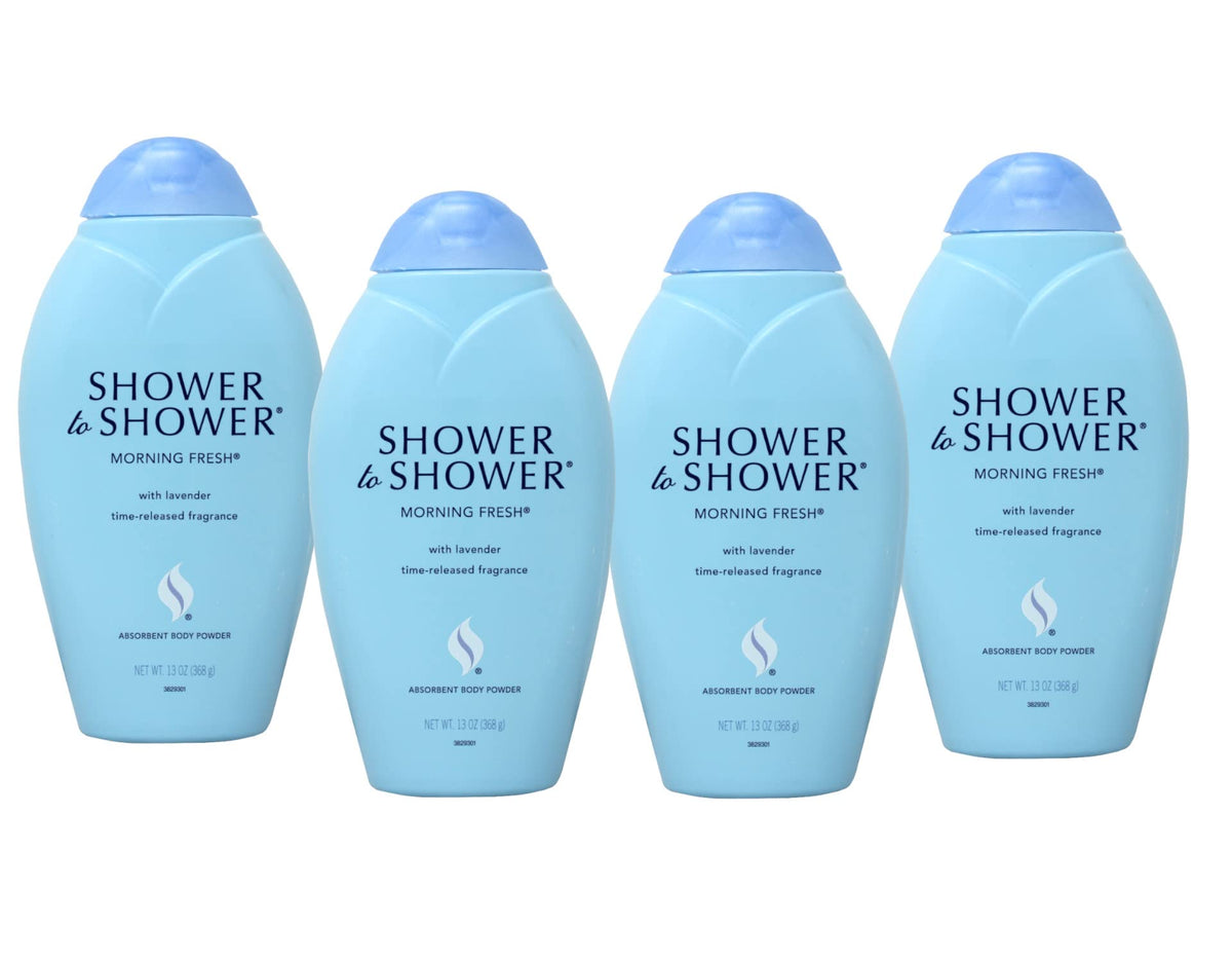 Shower To Shower poudre absorbante Morning Fresh lavande, pack quatre, fraîcheur durable.