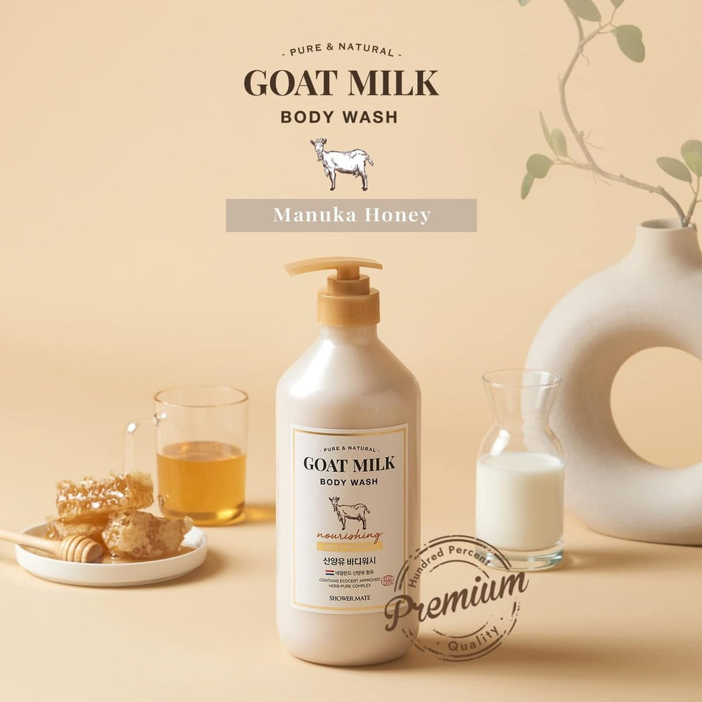 SHOWERMATE Goat Milk Body Wash with creamy foam for soothed, hydrated skin after shower.