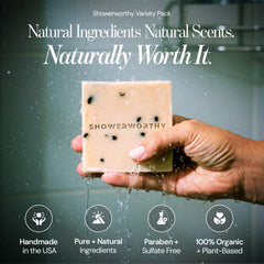 Barre Showerworthy au lait de chèvre offrant une texture crémeuse pour peaux sensibles.