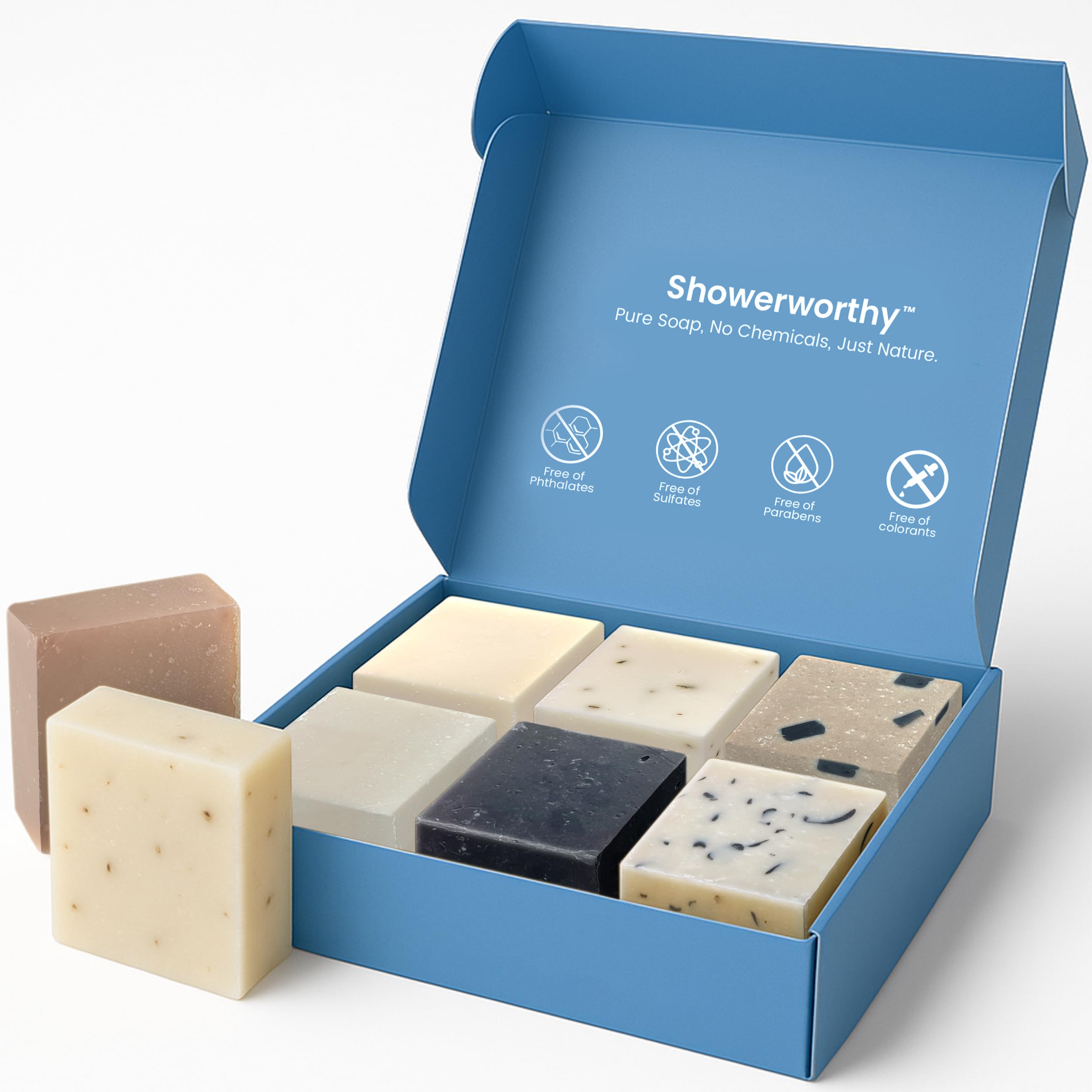 Savons Showerworthy ensemble de 8 barres, parfait pour une routine hydratante et douce.