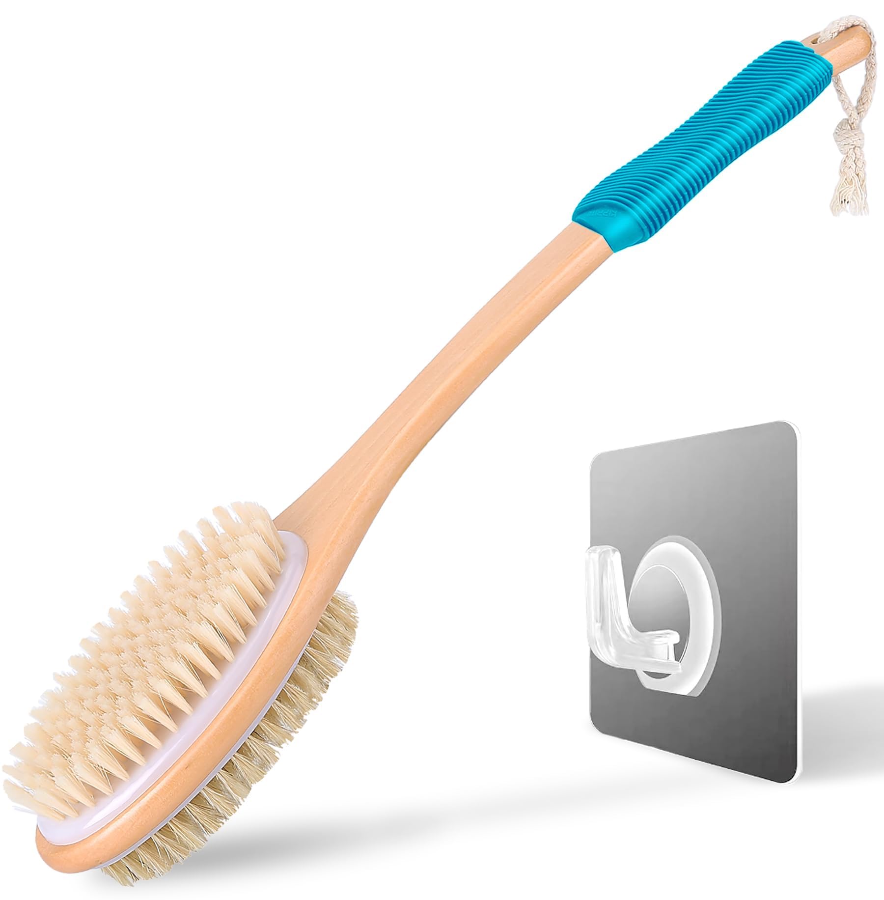 Gros plan sur ShowEzily brosse dos manché long bleu, reach facilité.