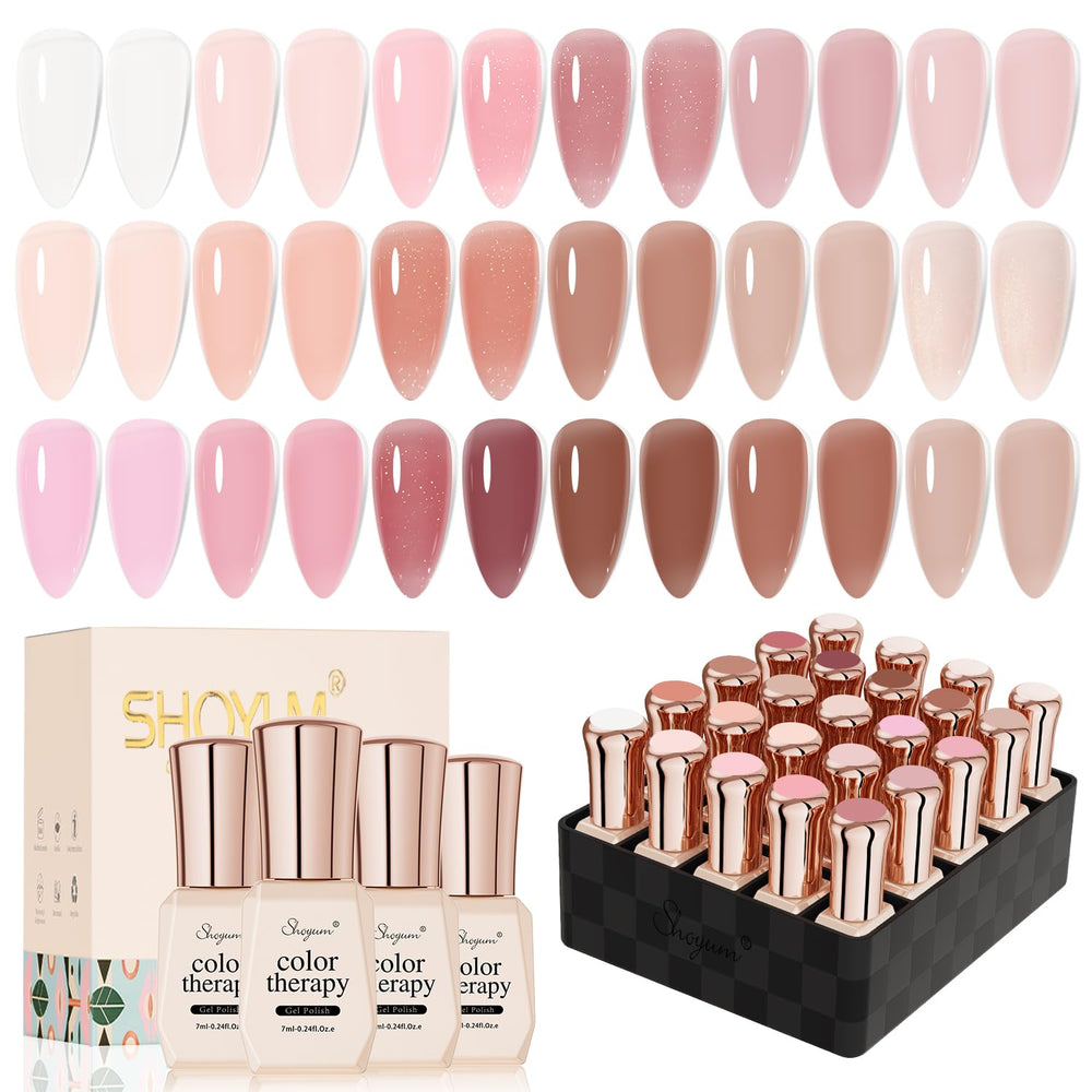 SHOYUM ensemble vernis gel nude 24-pcs prêt pour une manucure à domicile.