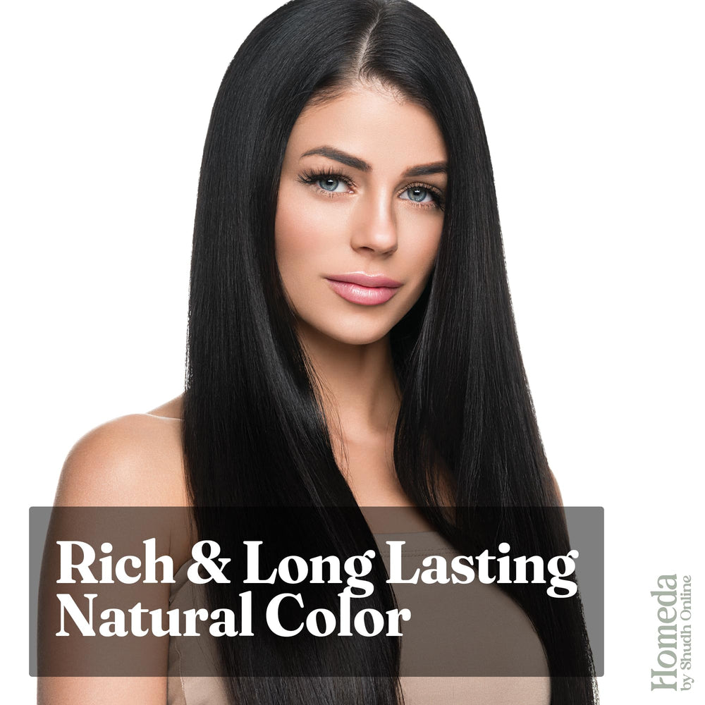 Poudre naturelle pour coloration cheveux Shudh Online, tons noir et brun.