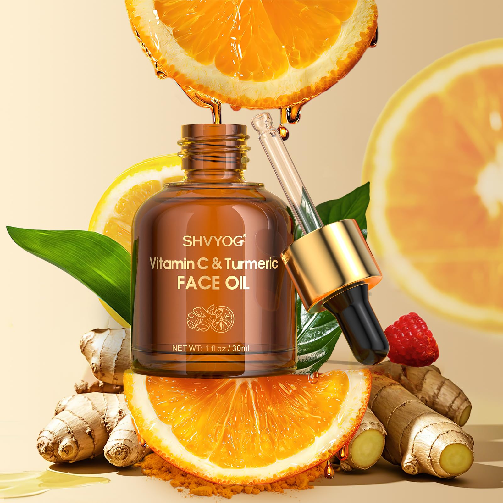 SHVYOG huile visage vitamine C curcuma, application douce pour une peau confortable.
