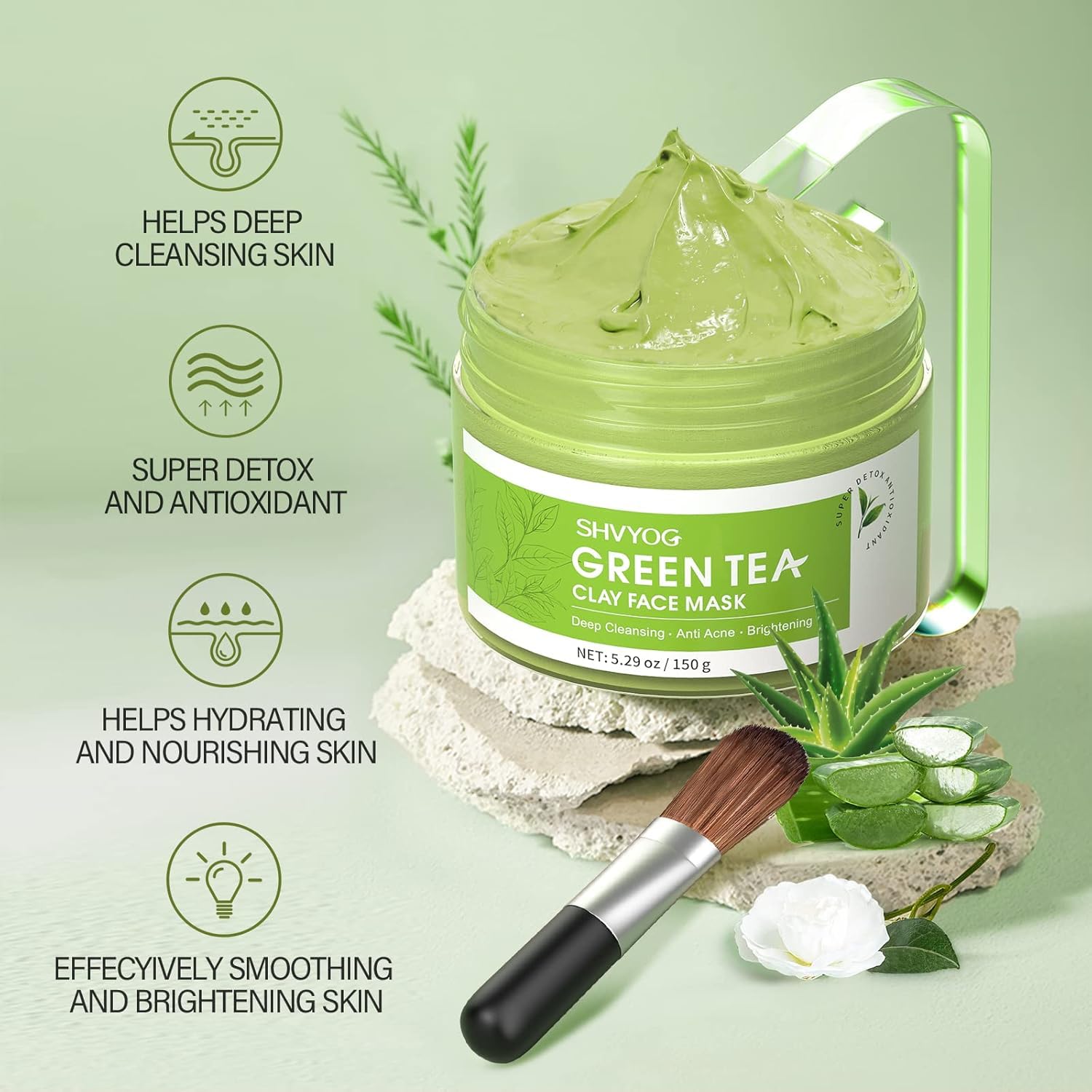 SHVYOG Masque ingrédients naturels: thé vert et aloé vera pour purification douce.