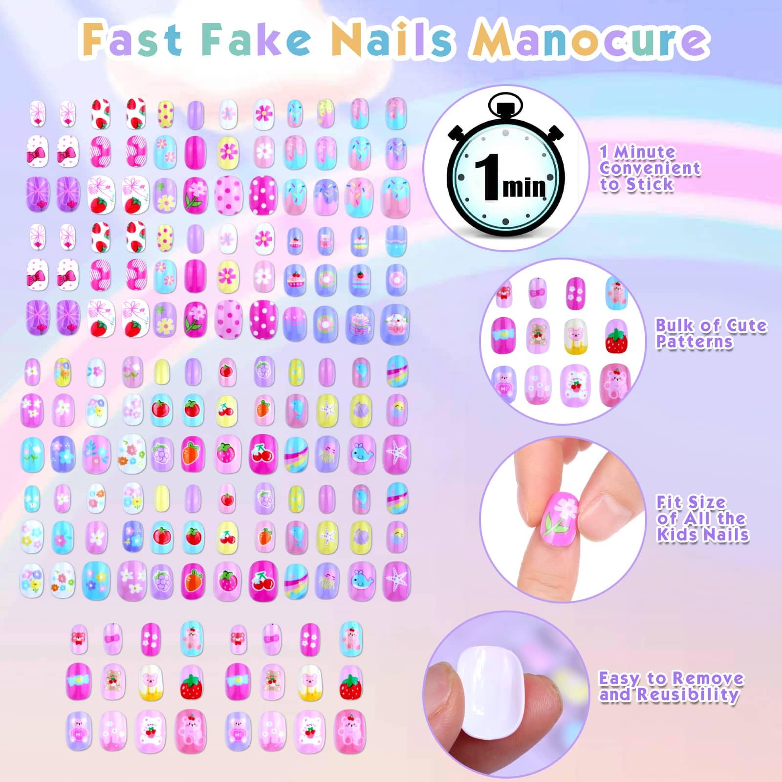 Shynek ongles autocollants pour enfants, 12 tailles pour un ajustement parfait.