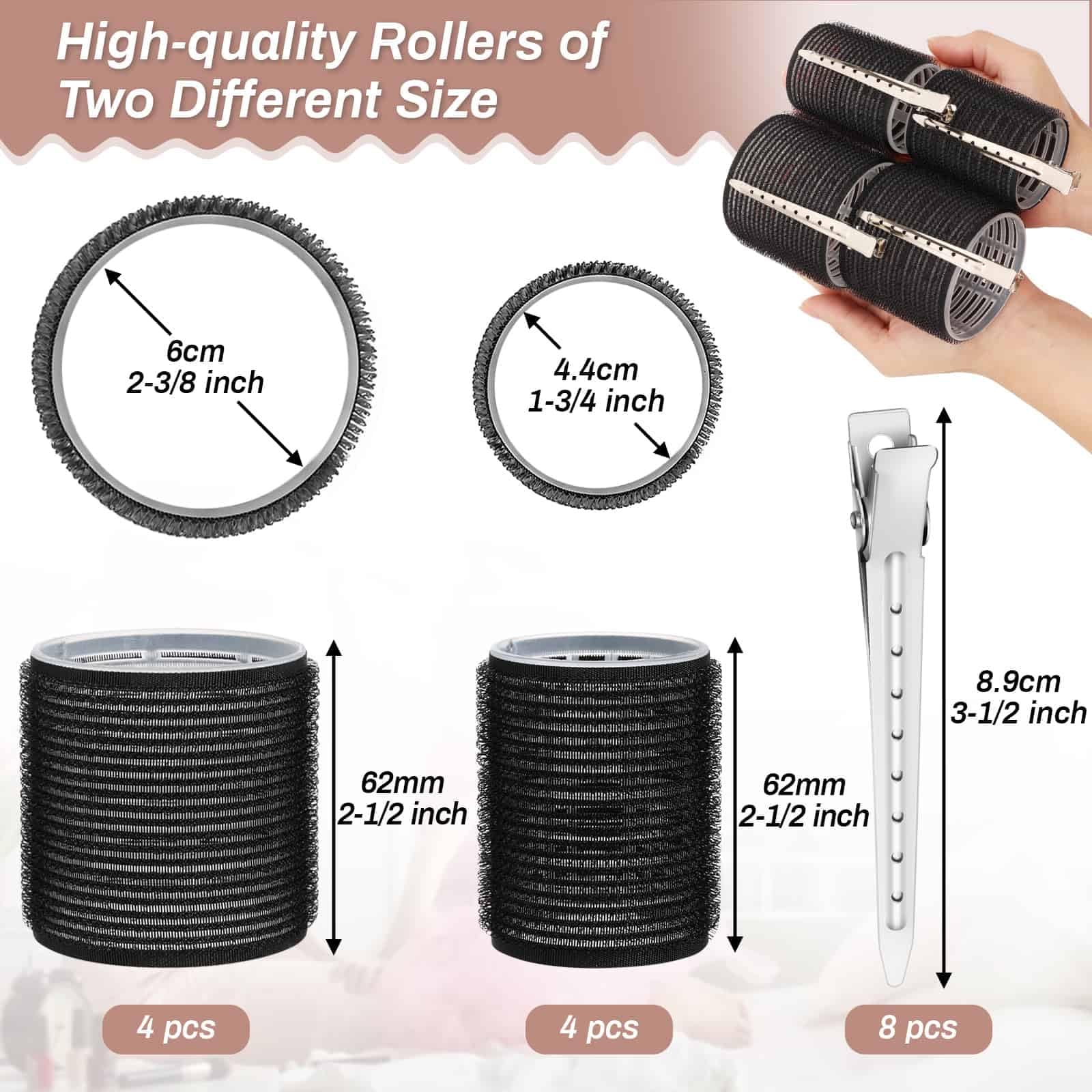 Pinces à cheveux incluses pour fixer les rouleaux et former des boucles durables.