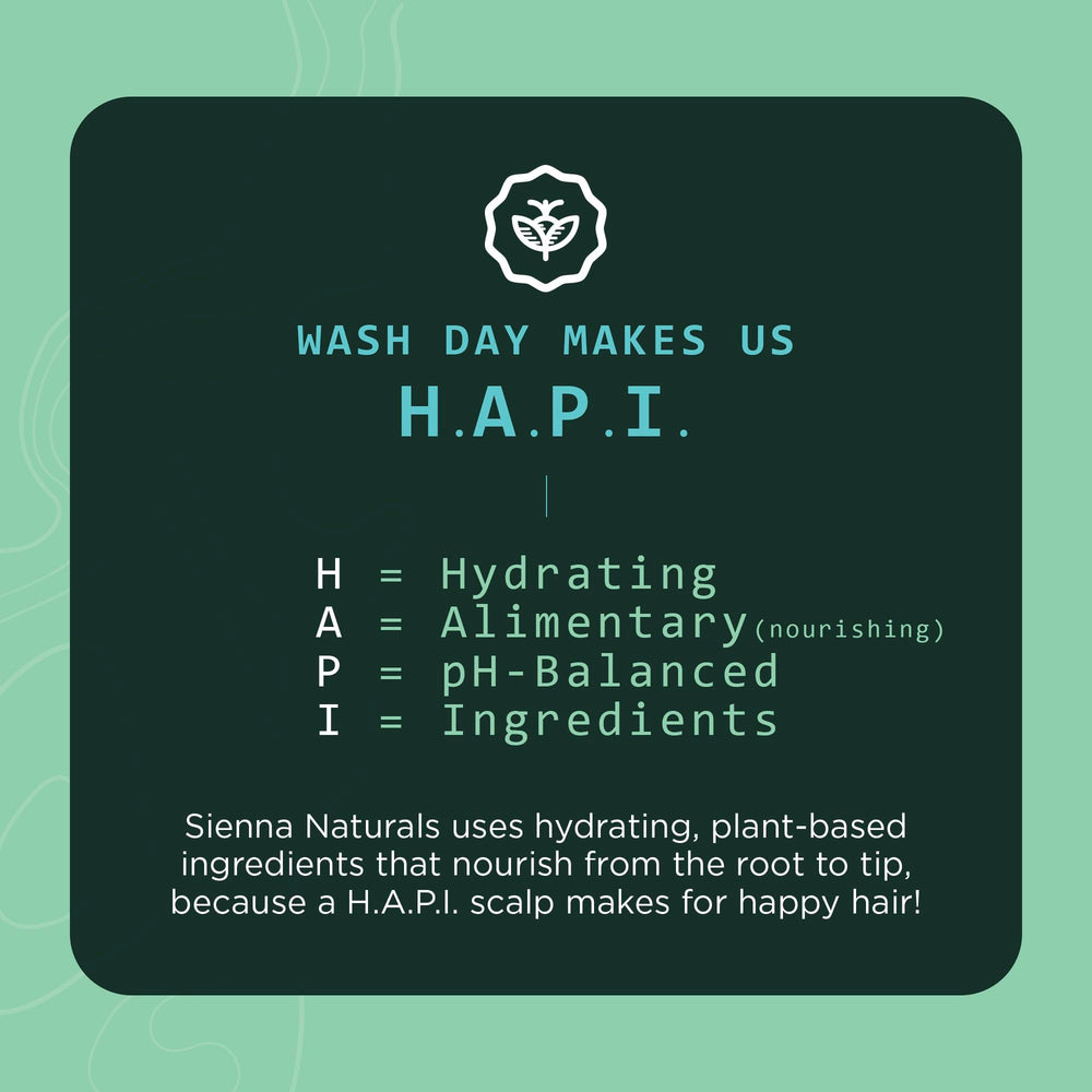 Sienna Naturals HAPI Shampoing, baobab-aloé-coco, ingrédients nourrissants pour le cuir chevelu.