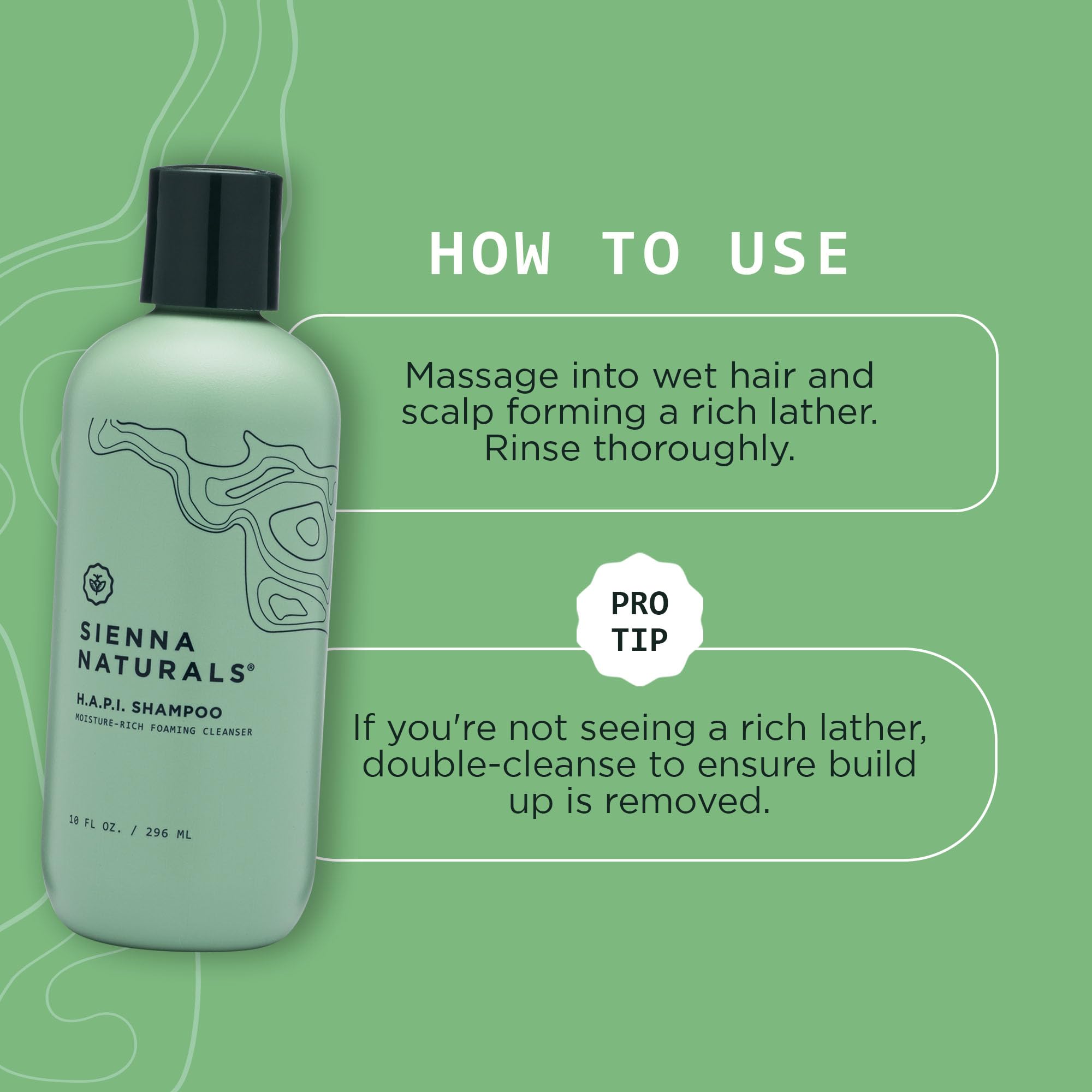 Sienna Naturals HAPI Shampoing, mousse-cremeuse, nettoie en douceur et hydrate le cuir chevelu.