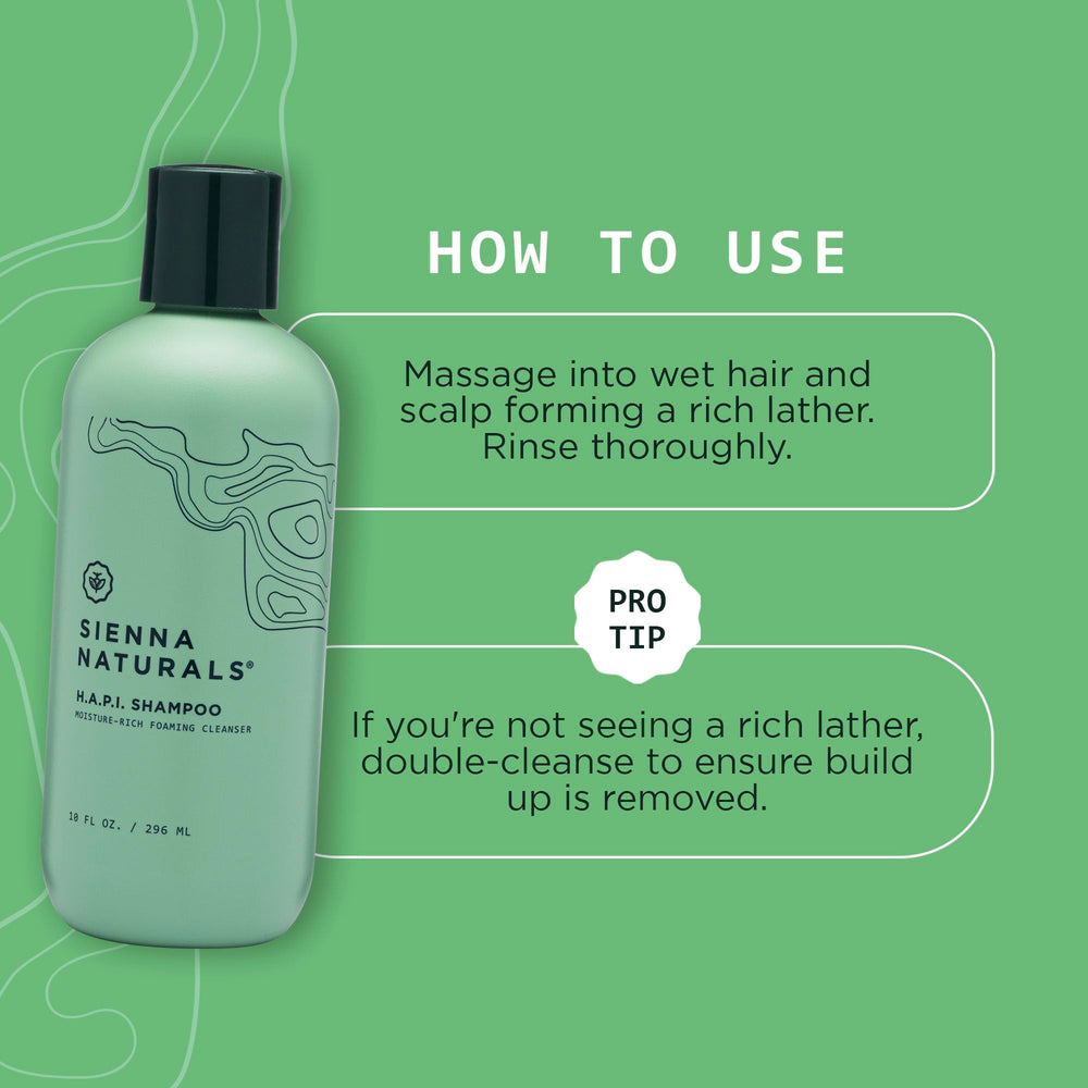 Sienna Naturals HAPI Shampoing, mousse-cremeuse, nettoie en douceur et hydrate le cuir chevelu.