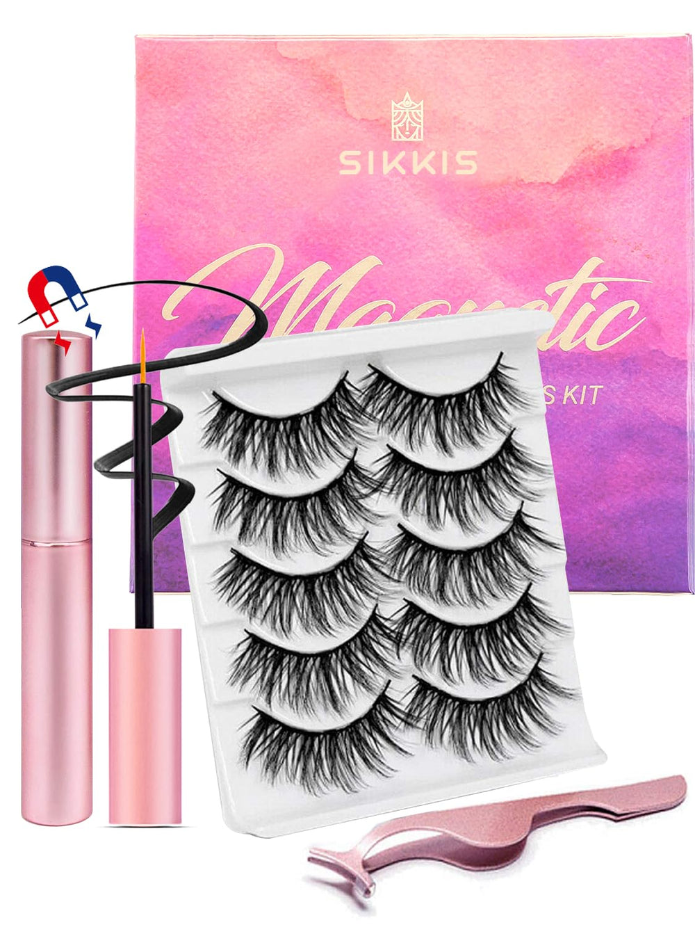 Sikkis magnetic eyelashes with eyeliner close-up shows natural mink-like look and easy wear.