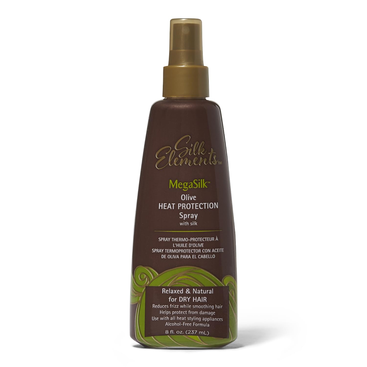 Silk Elements Megasilk Olive, la bouteille prête à protéger vos cheveux lors du coiffage.