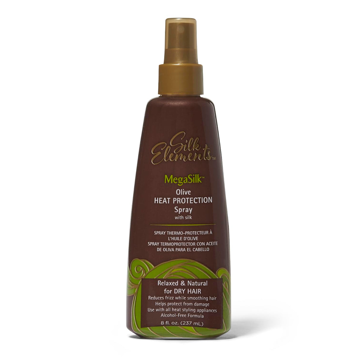 Silk Elements Megasilk Olive, la bouteille prête à protéger vos cheveux lors du coiffage.