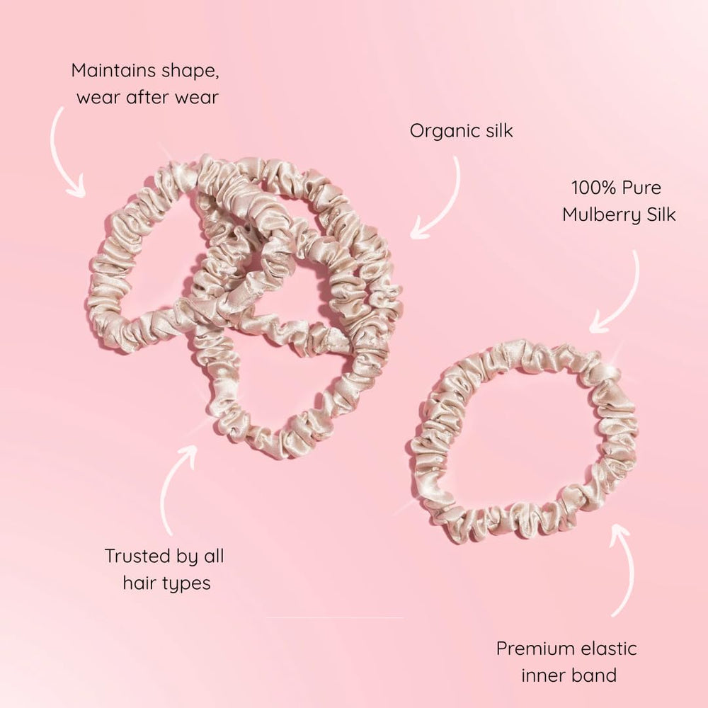 SILKIE scrunchie brun en soie Mulberry, texture lisse pour un maintien doux.