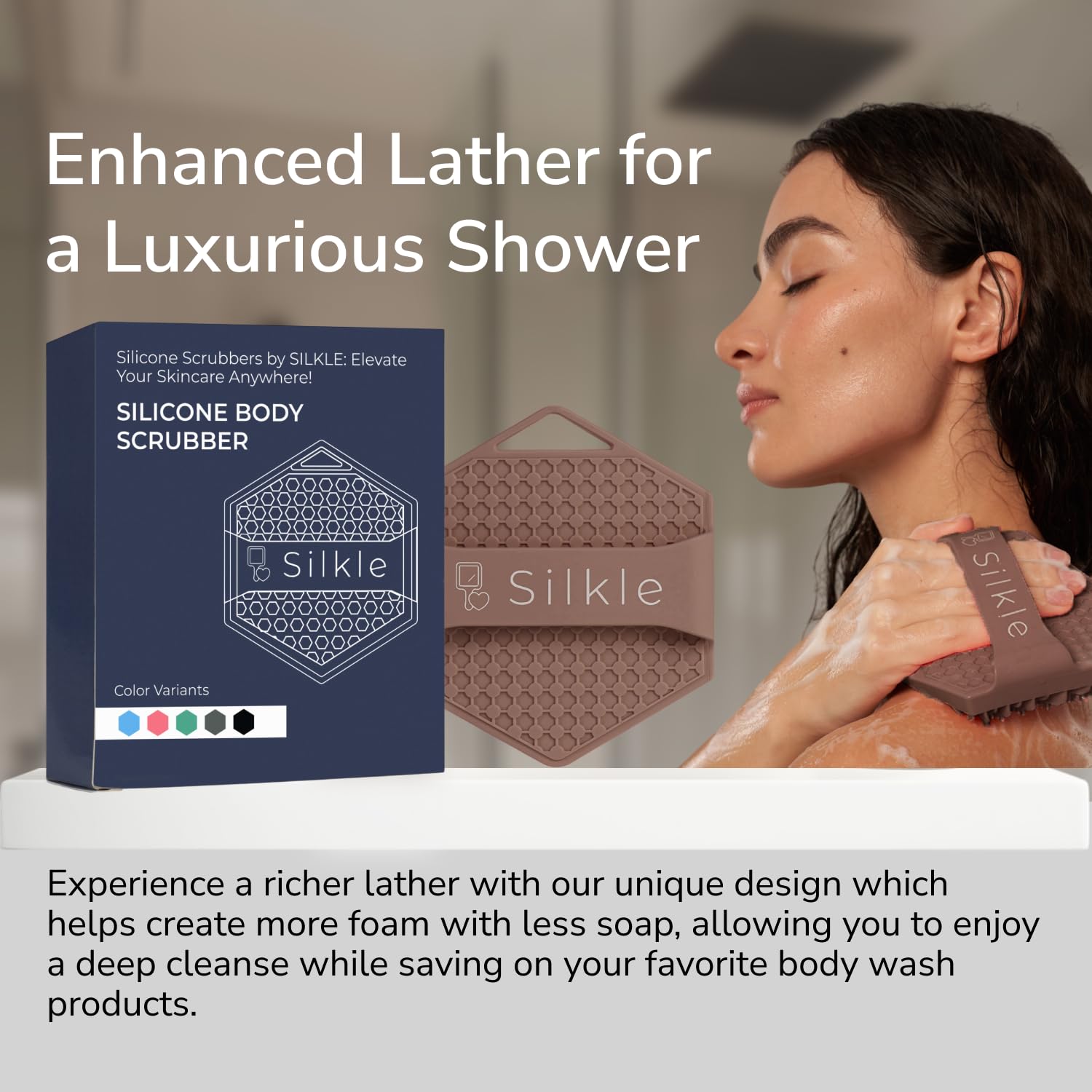 SILKLE accessoire douche silicone, remplaçant l'éponge de douche.