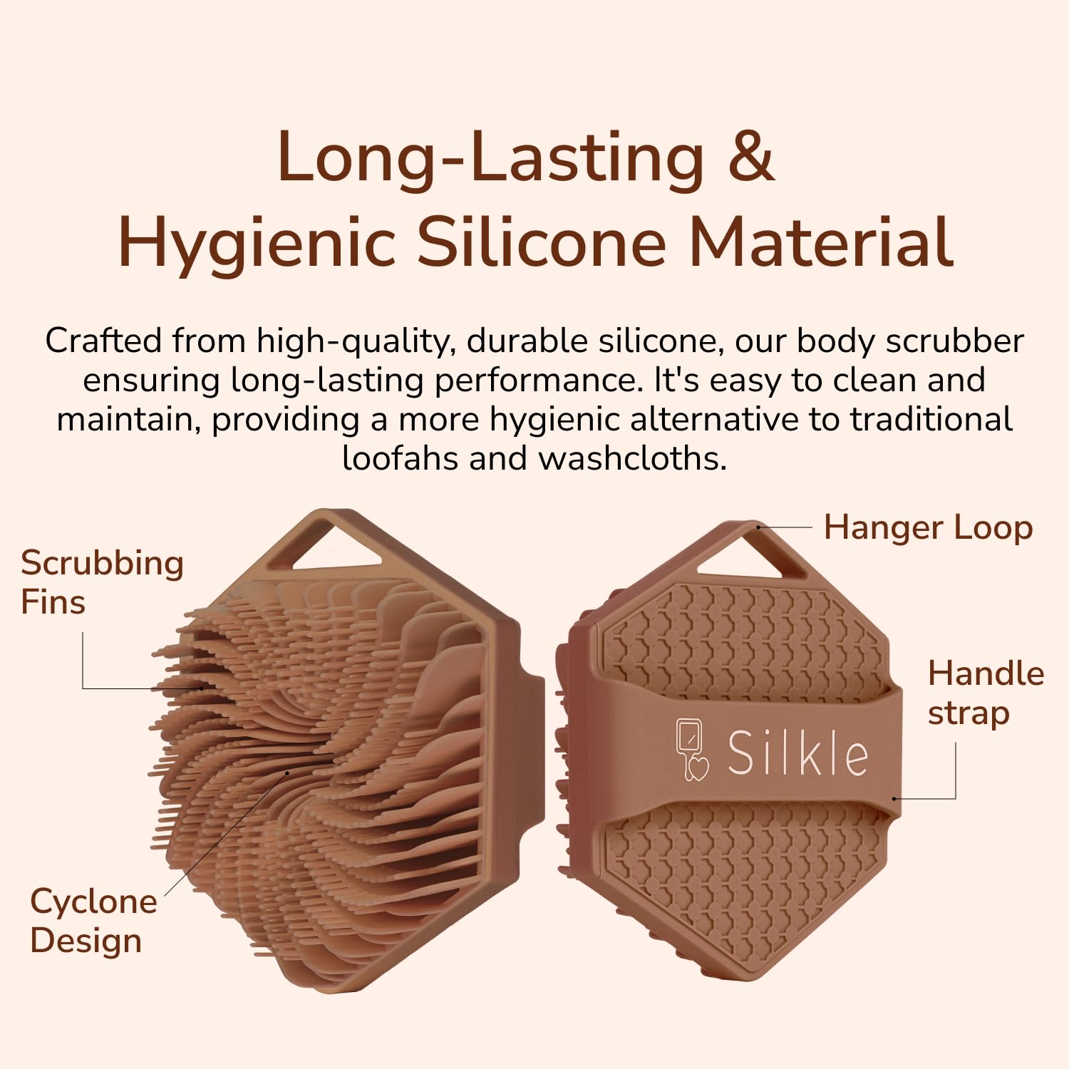 SILKLE brosse silicone corps, toucher doux pour peaux sensibles.