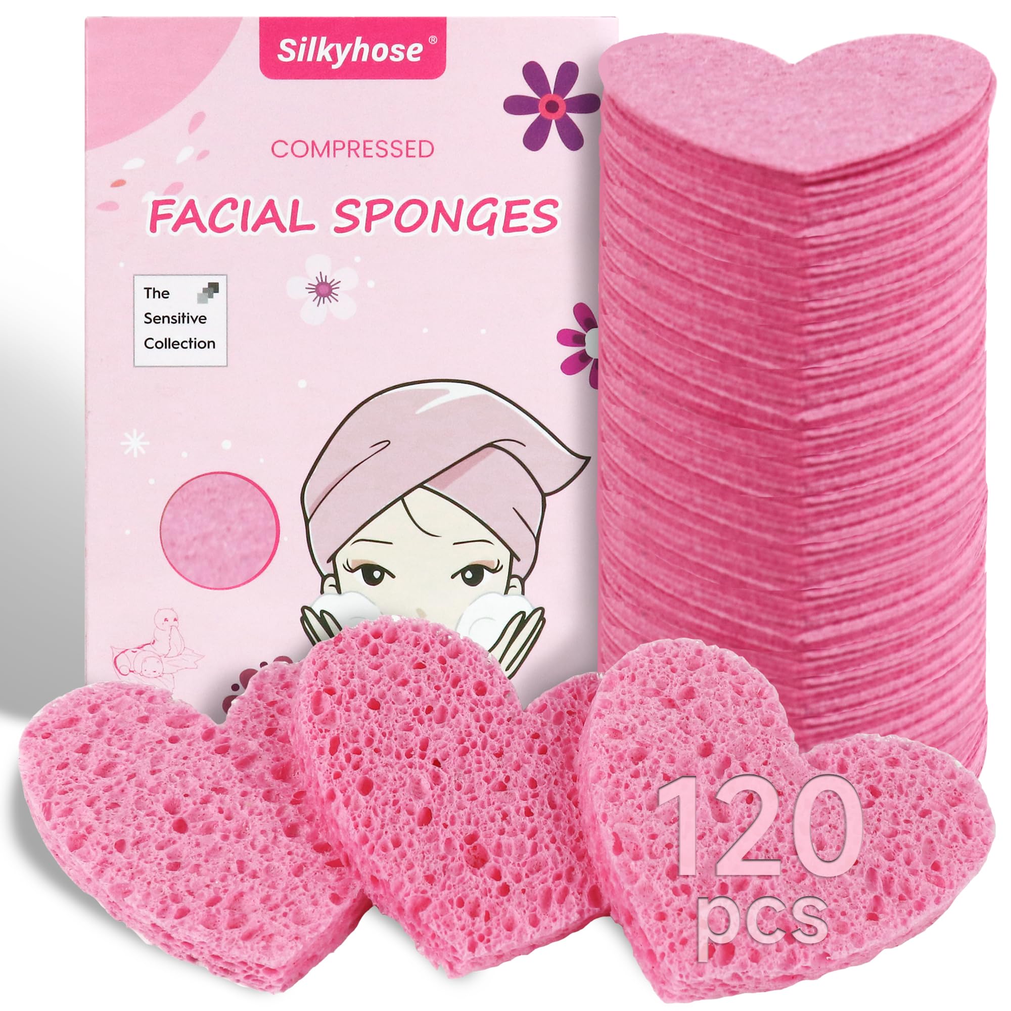 Éponge Silkyhose Visage Coeur Compacte rose, nettoyage en douceur des pores