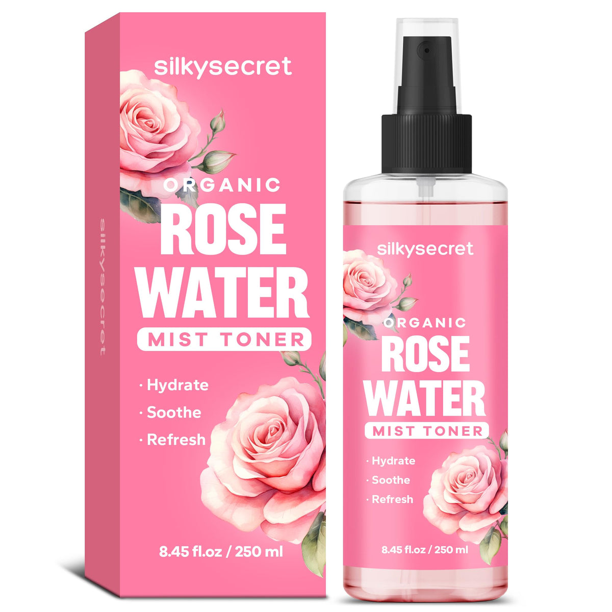 SilkySecret eau de rose en bouteille, hydratation douce pour visage et cheveux.