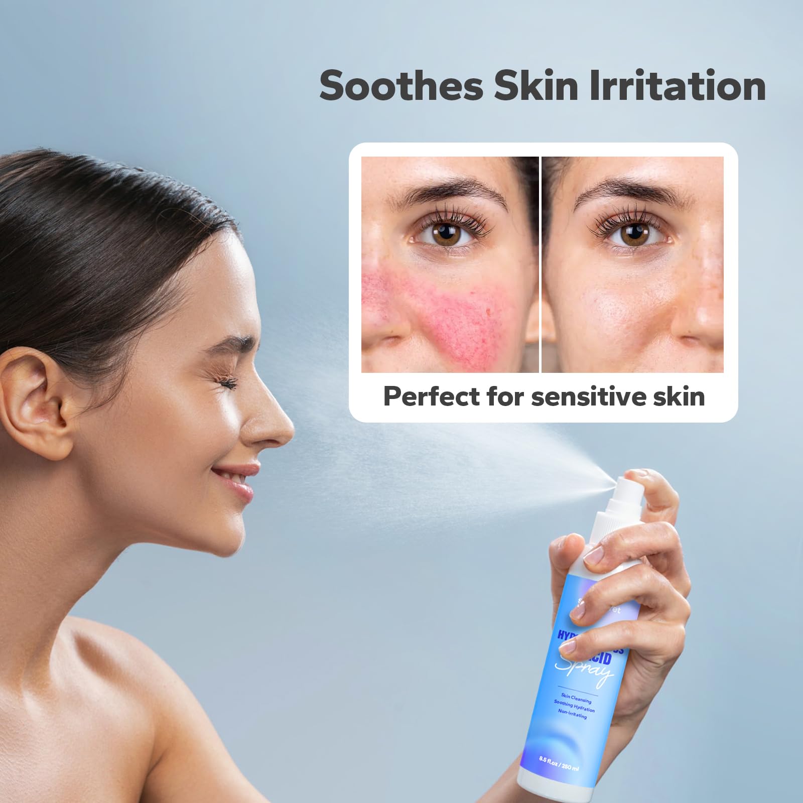 SilkySecret HOCL spray visage net et hydraté après nettoyage.