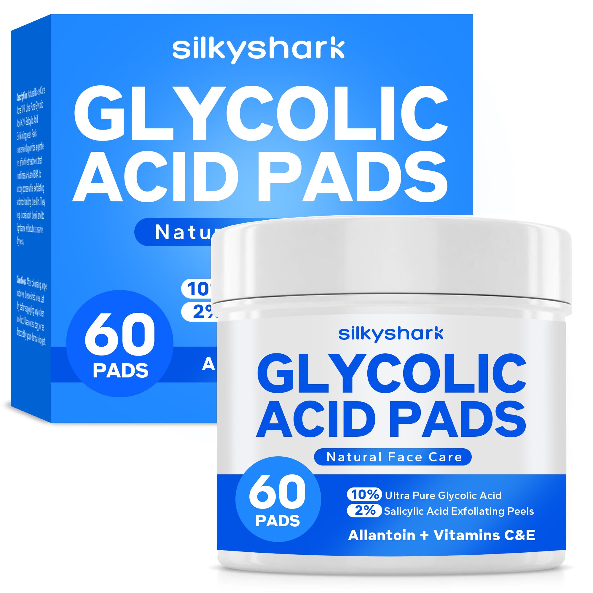 SilkyShark pads exfoliants visage 60 pads – exfoliation en douceur pour peau lumineuse.