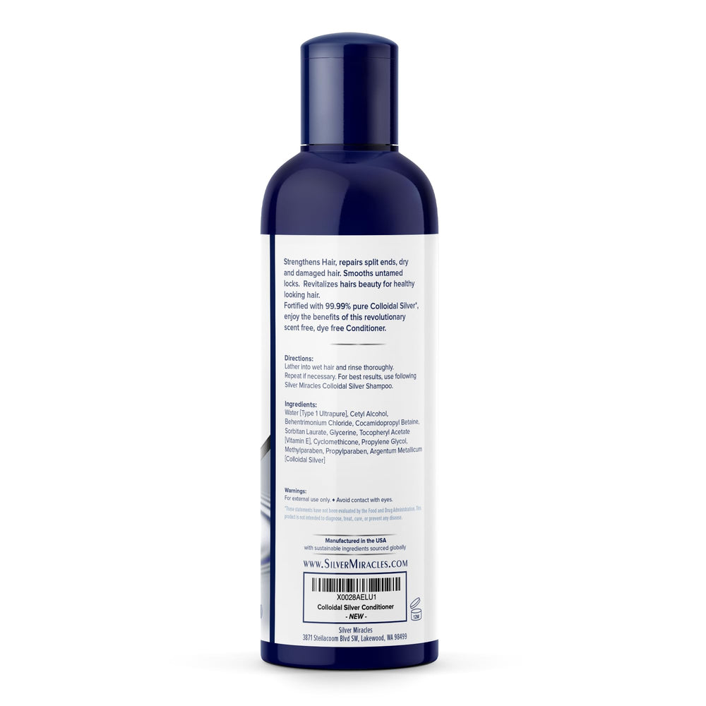 Silver Miracles Colloidal Silver Conditioner packaging; easy-to-grip 8 oz bottle for daily use.