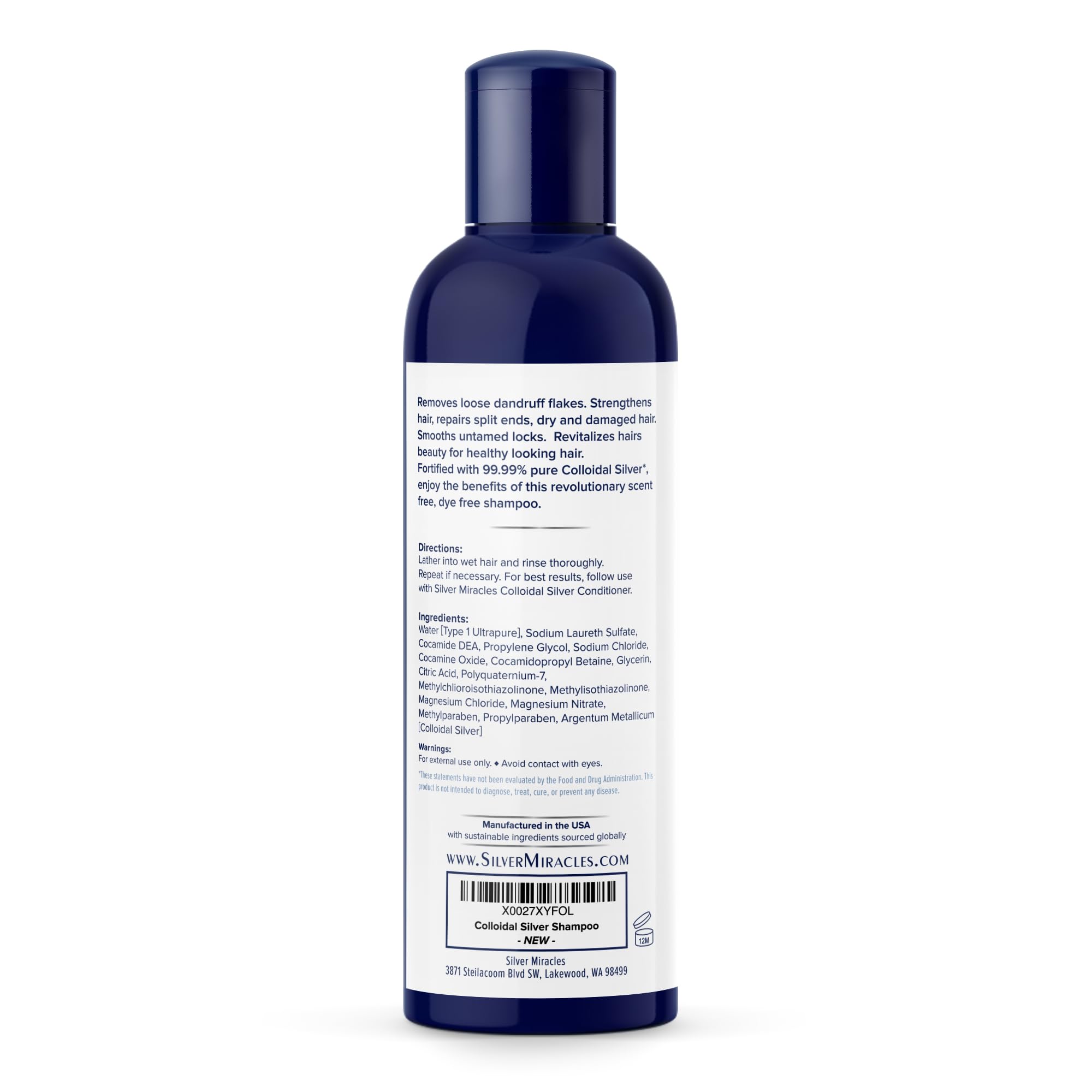 Silver Miracles Colloidal Silver Shampoo Unscented pour demonstrates gentle cleansing for sensitive scalps