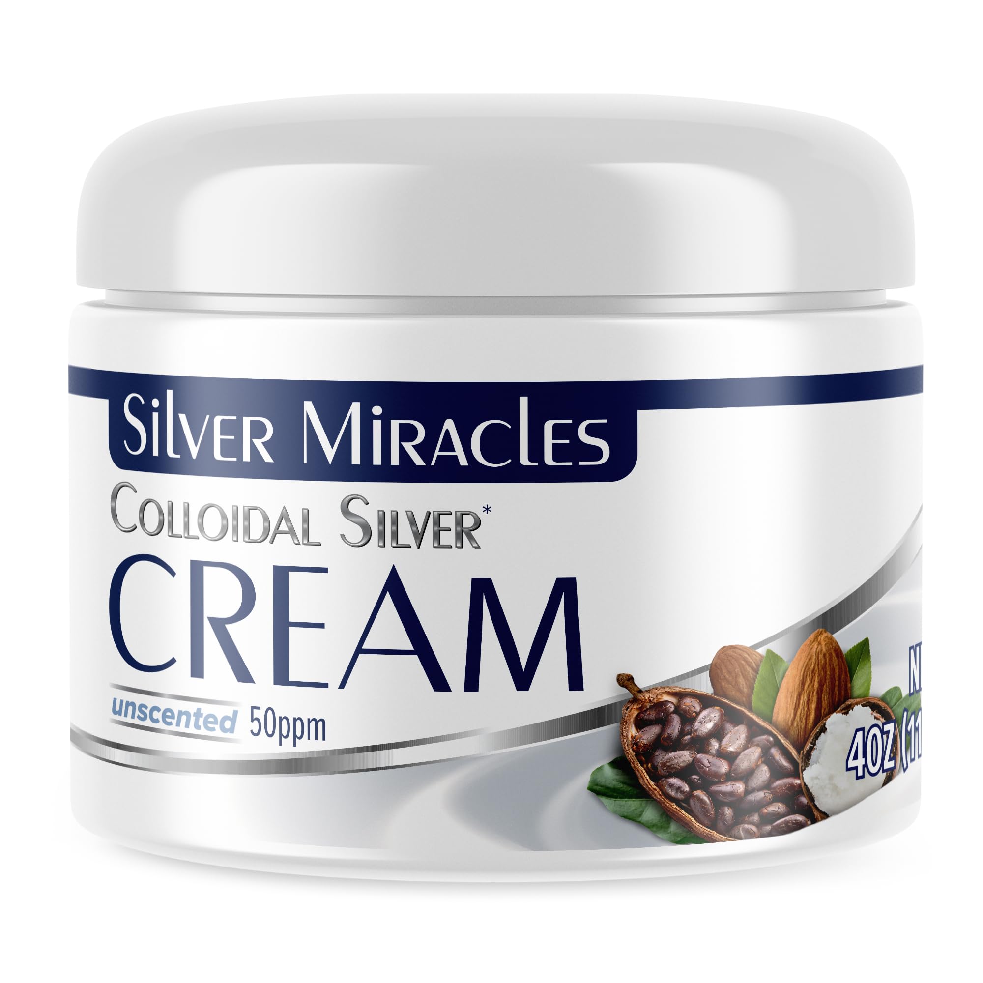 Silver Miracles Crème Argent Colloïdal 4oz, hydratation douce pour peau sèche ou normale.