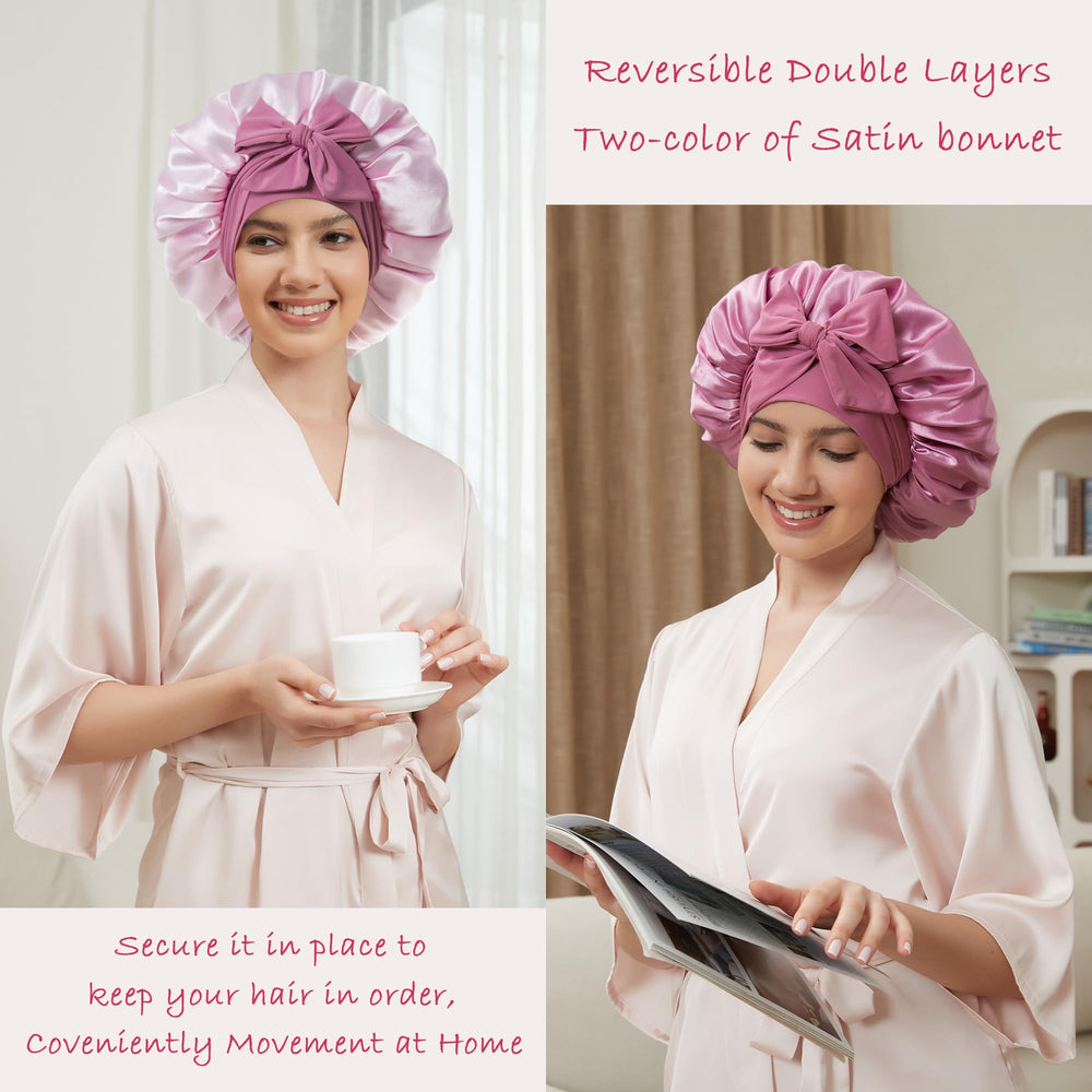Simapu bonnet satin double-couche reversible montre deux styles sans changer de bonnet