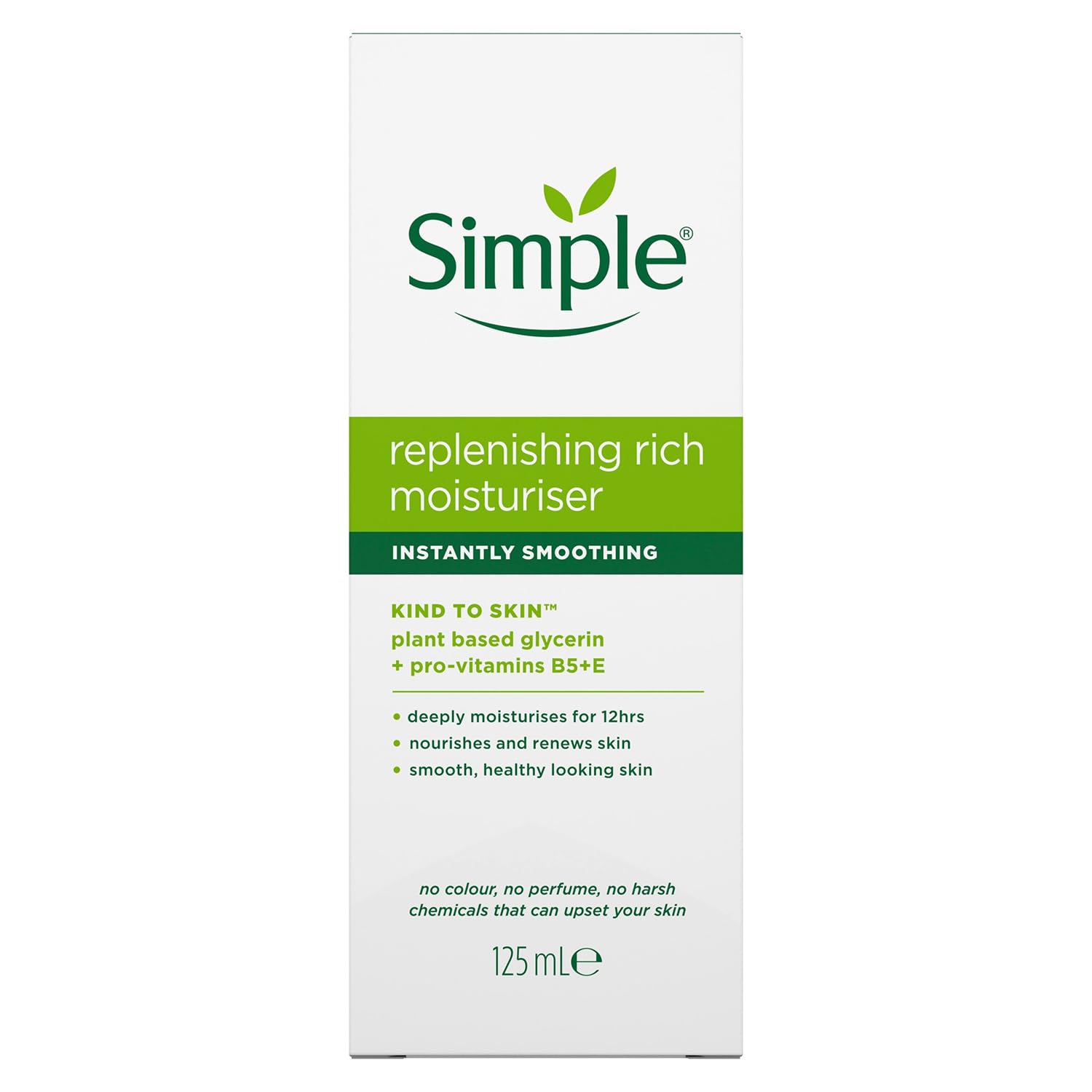 Texture crème hydratante riche Simple, appliquée pour une peau satinée et douce.