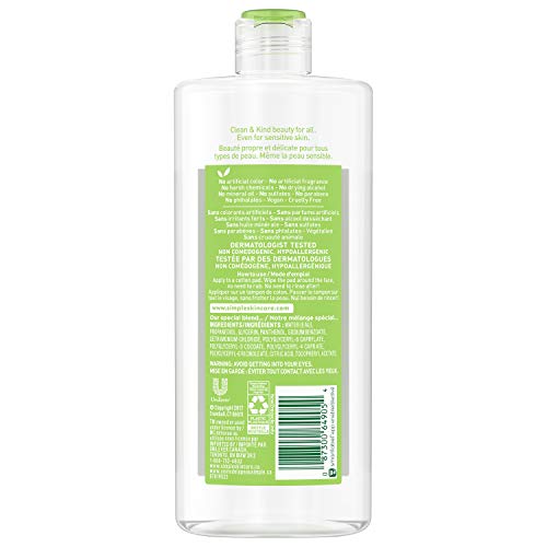 Simple Eau Micellaire: etiquette claire reflétant l'absence de parfum et de colorants.