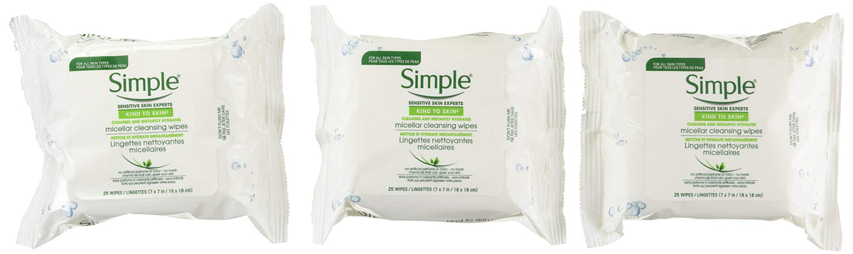 Lingettes démaquillantes micellaires Simple — emballage pratique pour un nettoyage rapide et doux.