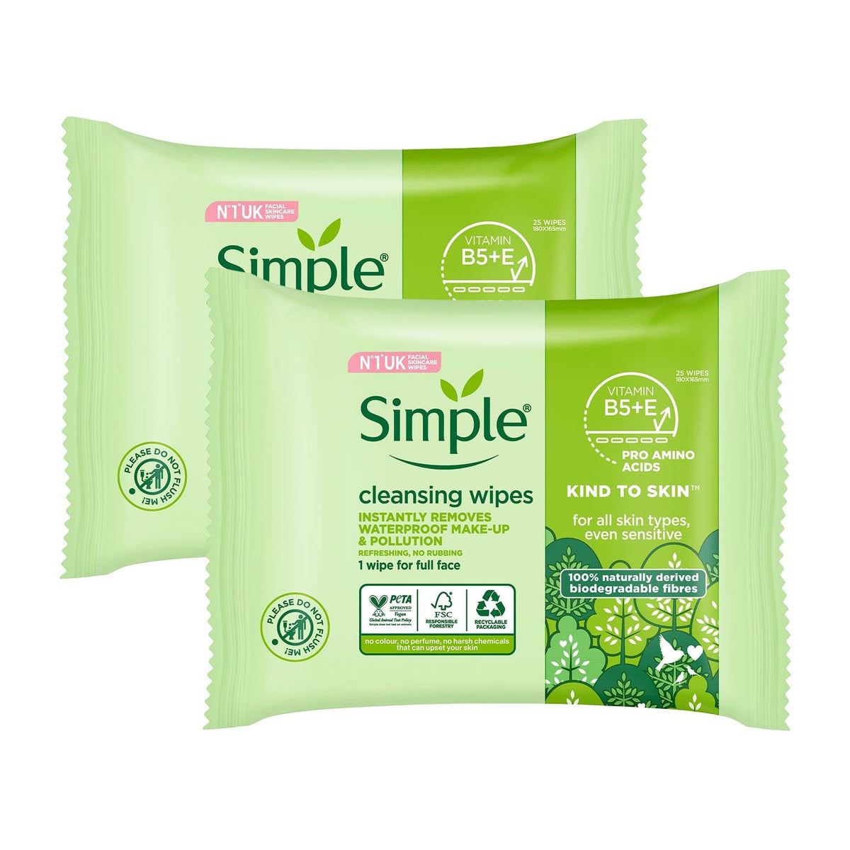 Lingettes Simple Kind To Skin pour le visage, nettoyage rapide et doux pour peaux sensibles.