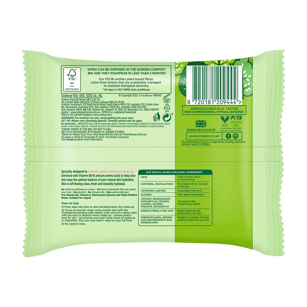 Lingettes Simple Kind To Skin, visage douces et hydratantes pour usage quotidien.