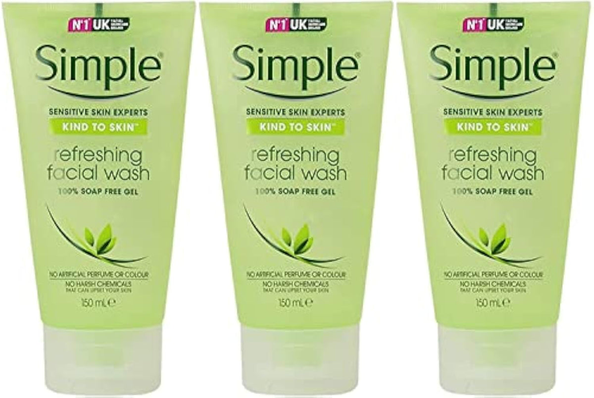Simple-nettoyant-visage-gel-rafraichissant-tubes, purifie la peau et procure une sensation de fraîcheur.