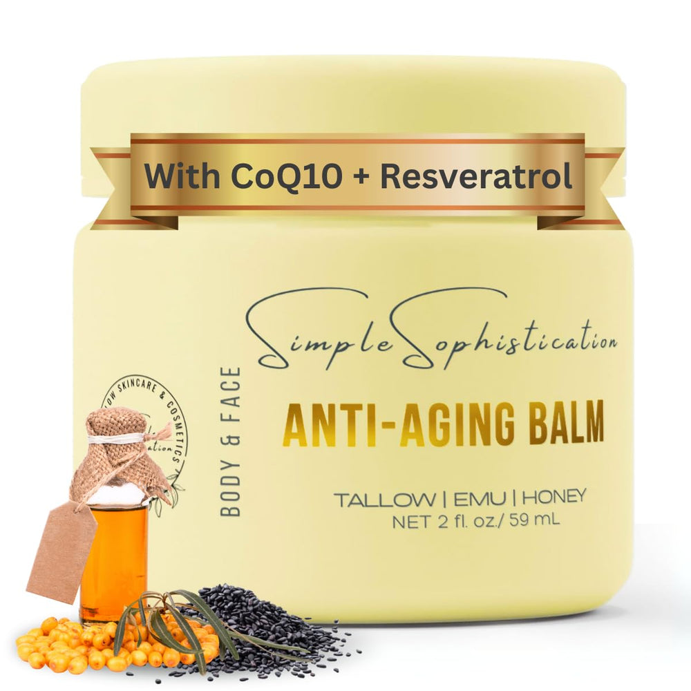 Baume Simple Sophistication Tallow Emu Honey Balm dans la bouteille, nourrissant la peau.