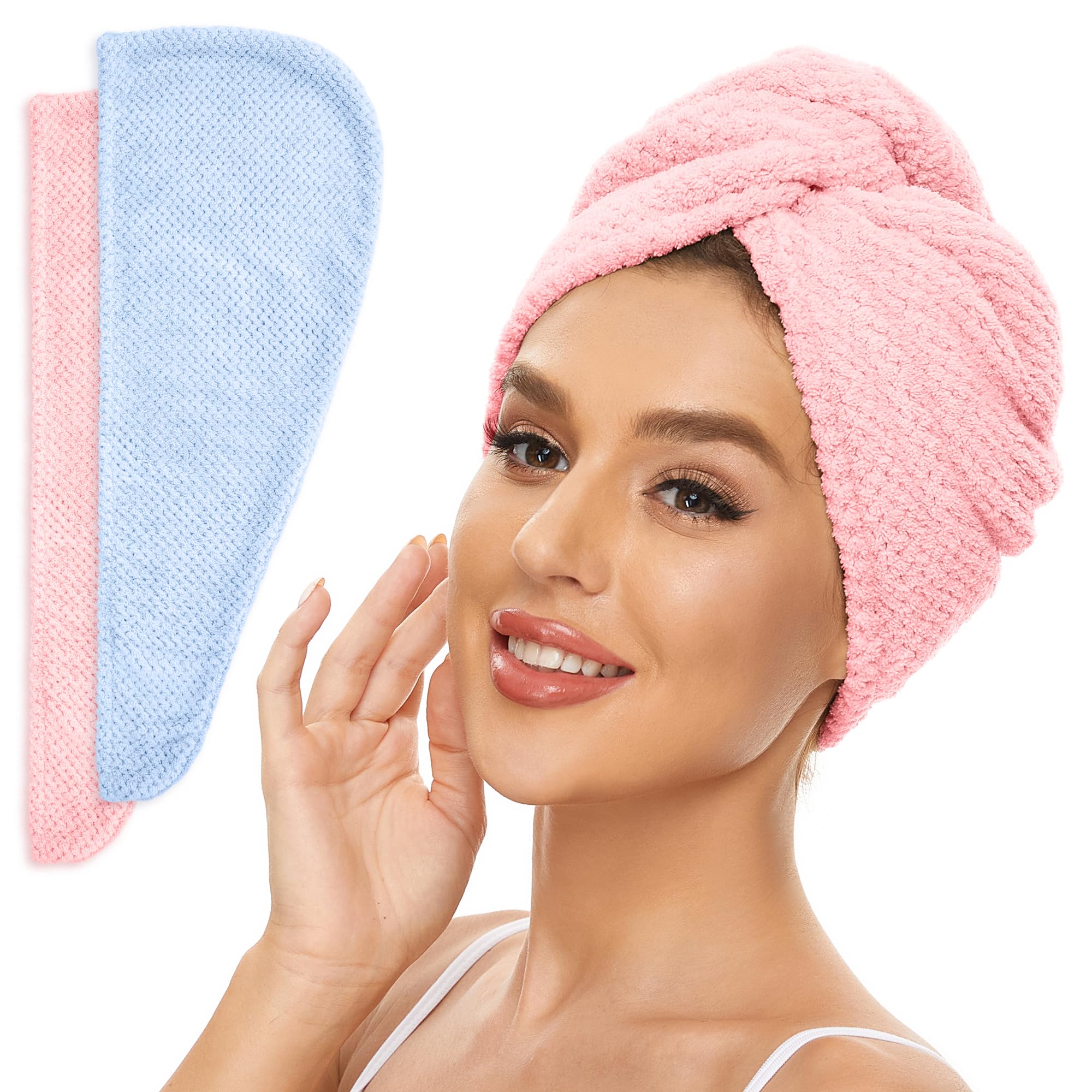 SimpleField pack 2 serviettes cheveux microfibre bleu et rose pour séchage rapide.