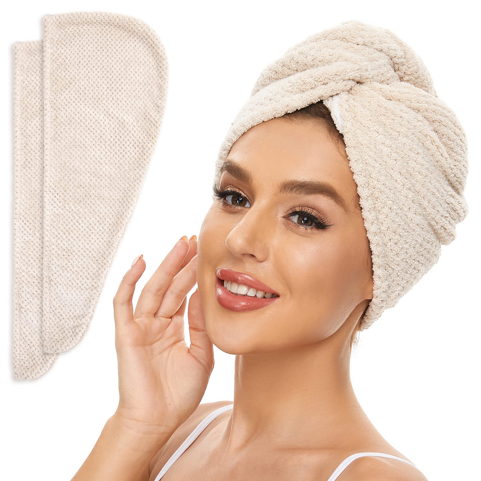 SimpleField serviette cheveux microfibre beige — absorption rapide et toucher doux.