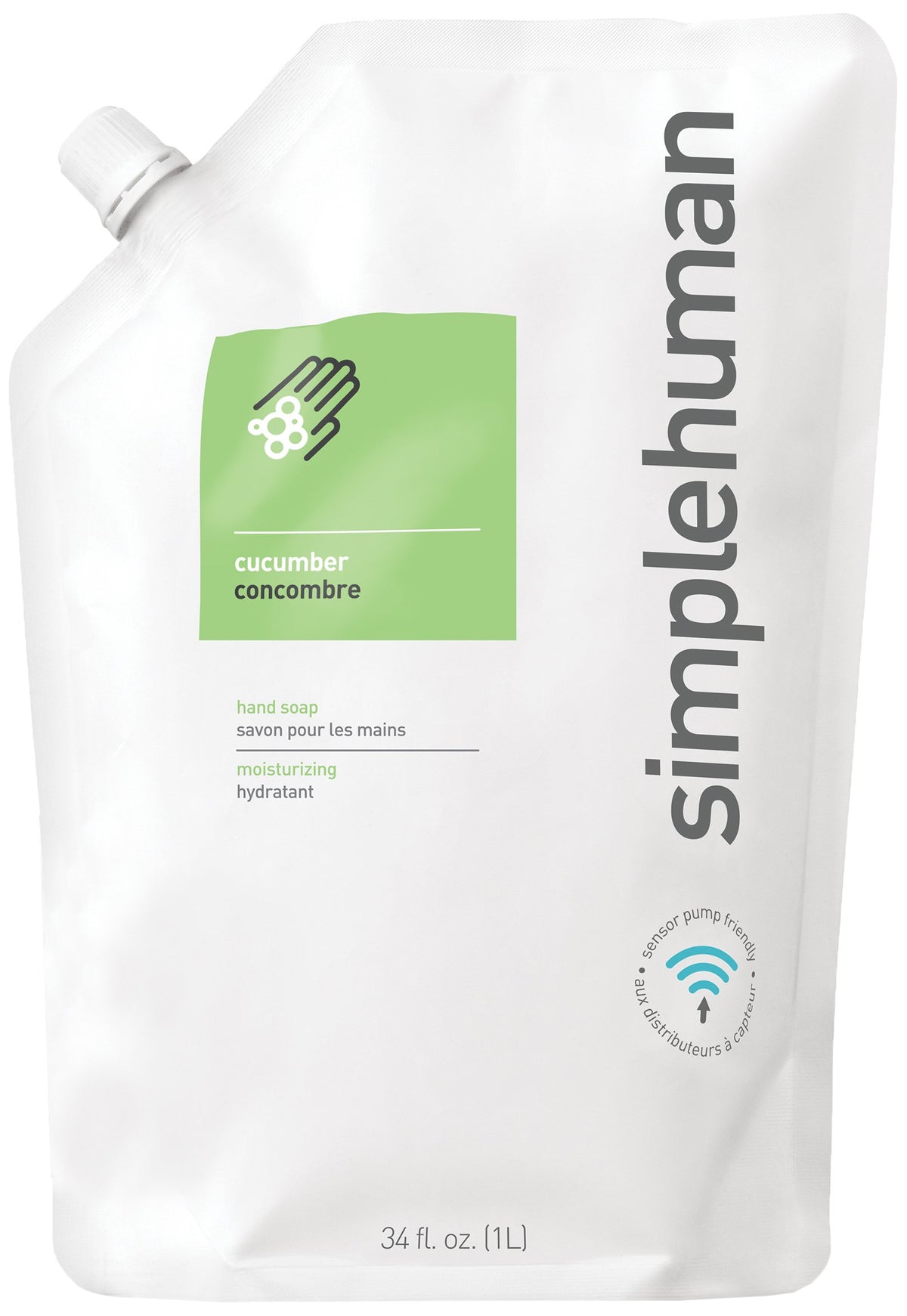 Savon liquide mains au concombre Simplehuman, recharge hydratante et pratique pour pompes.