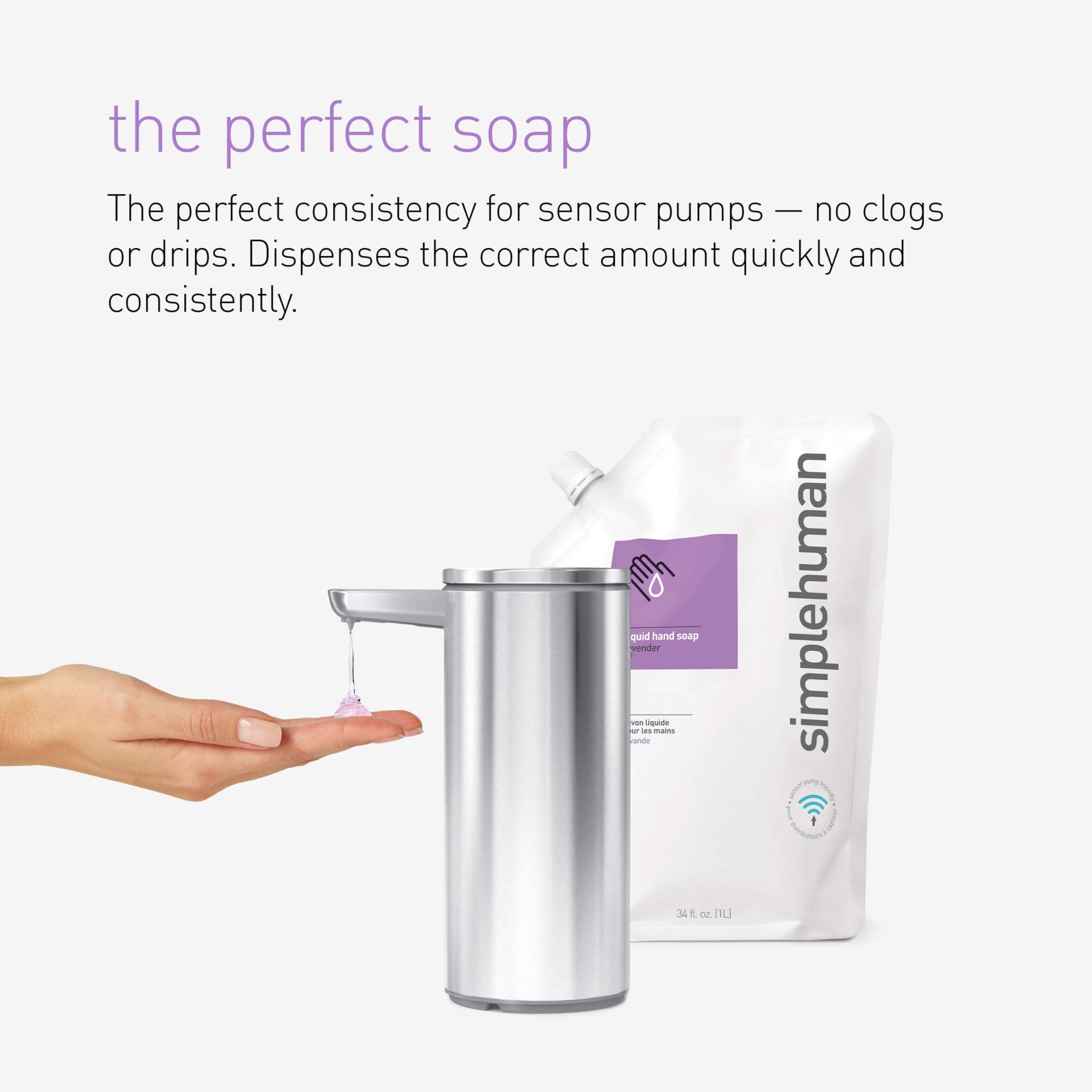 Emballage recyclable: poche et bouchon Simplehuman disponibles.