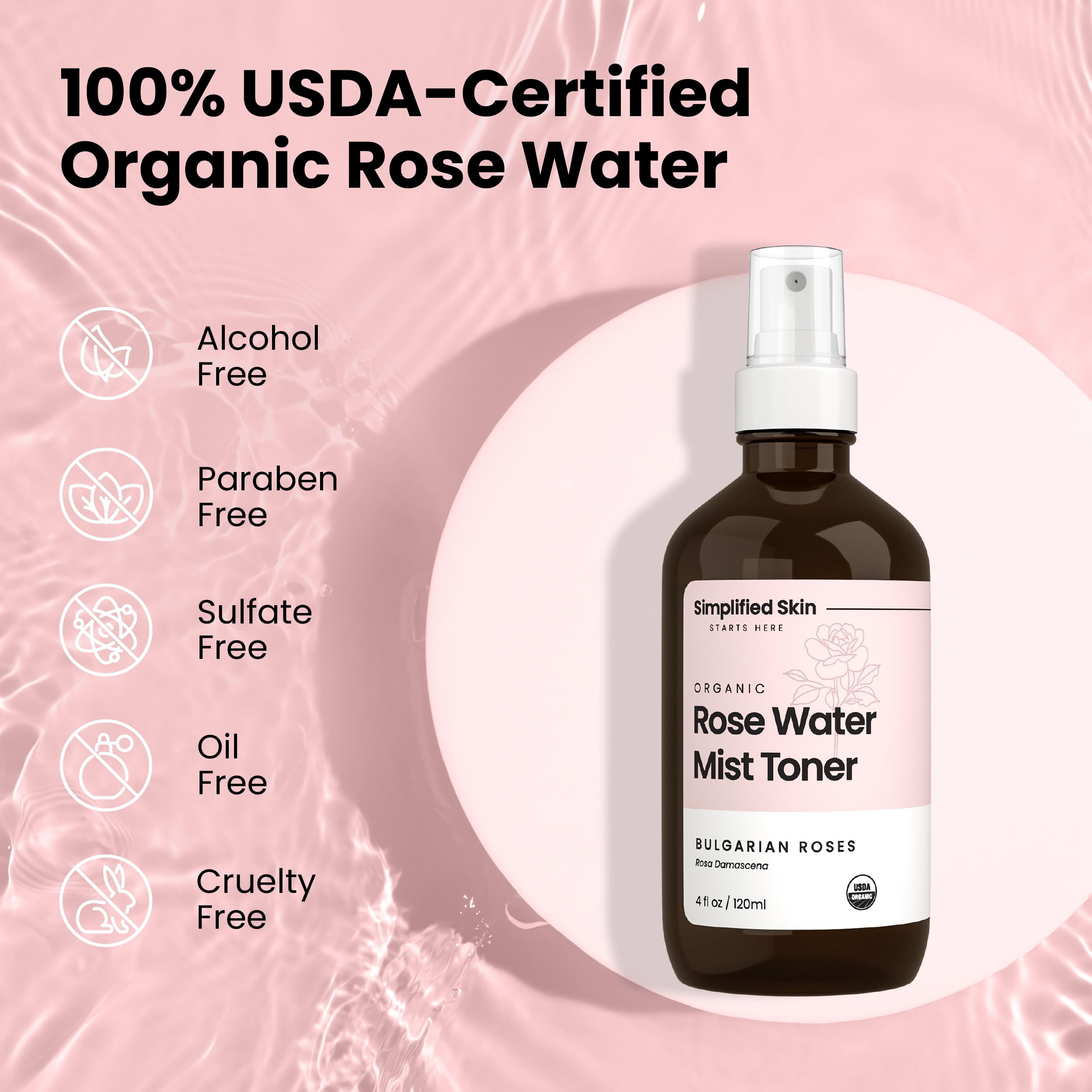 Simplified Skin – eau de rose adaptée à toutes les peaux, équilibre du pH.