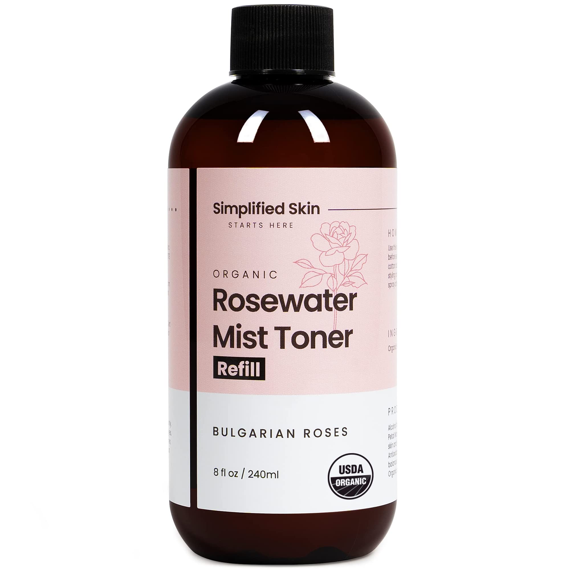 Eau de rose Simplified Skin en bouteille : usage visage et cheveux pour hydratation légère.