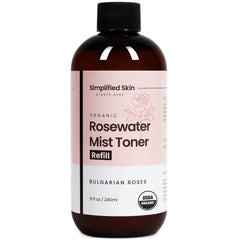 Eau de rose Simplified Skin en bouteille : usage visage et cheveux pour hydratation légère.