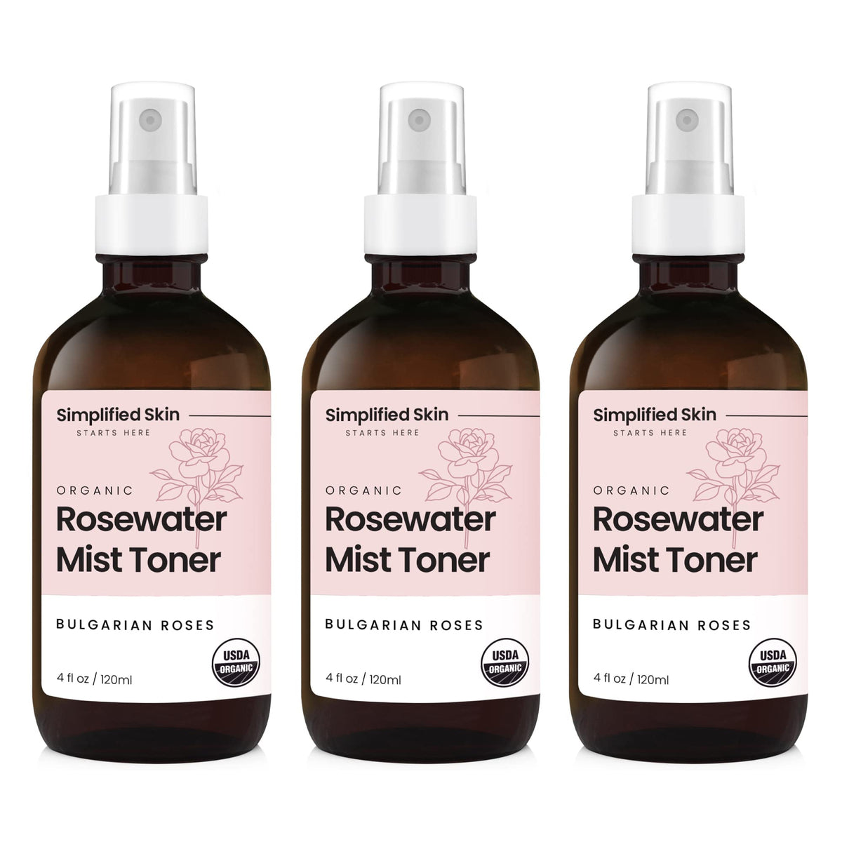Brume Simplified Skin Rosewater – bouteille prête à l’emploi pour hydrater visage et cheveux.