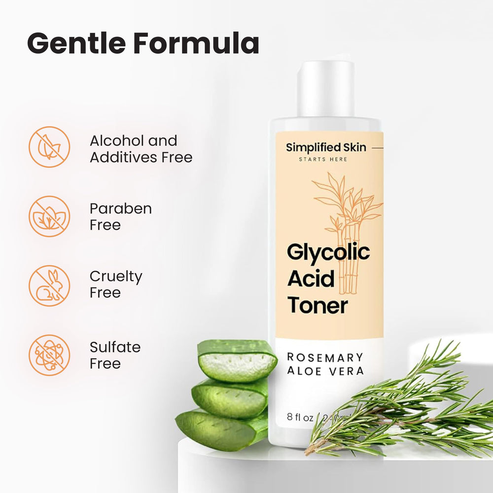 Étiquette et flacon du tonique Simplified Skin sur fond neutre.