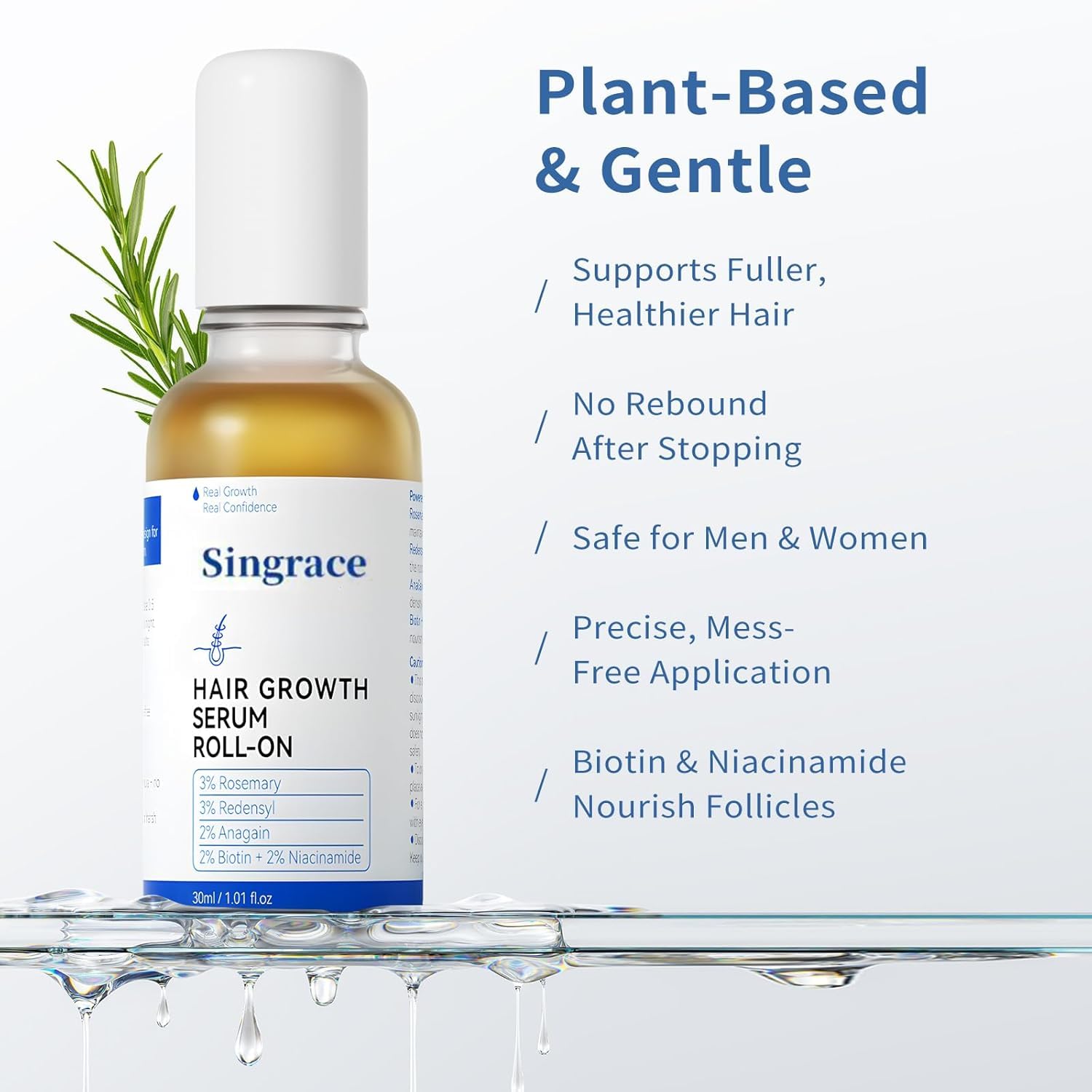 Singrace serum bouteille-roll-on compacte: utilisation rapide sans rinçage.