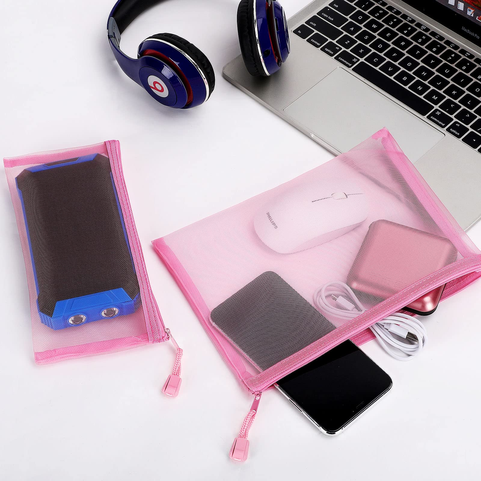 Sinzip organisation bureau maillage rose, accessoires et fournitures bien séparés.