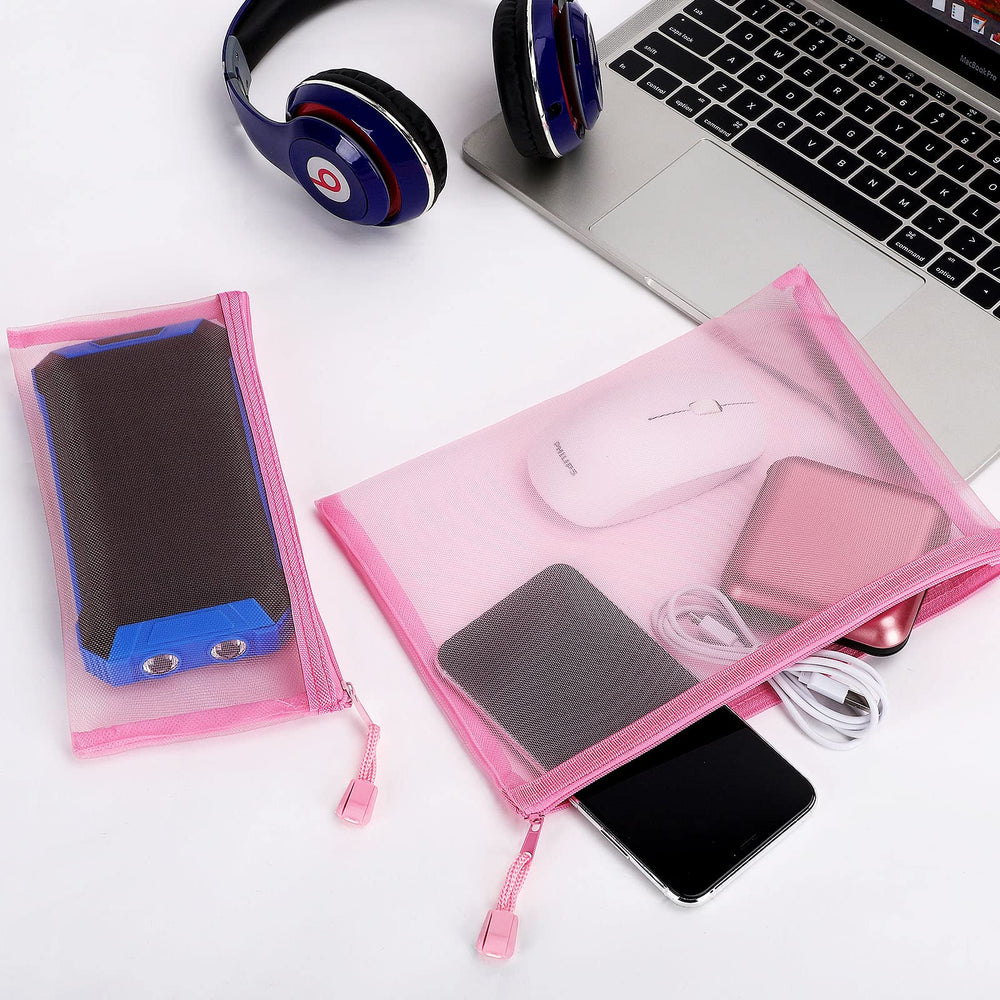 Sinzip organisation bureau maillage rose, accessoires et fournitures bien séparés.