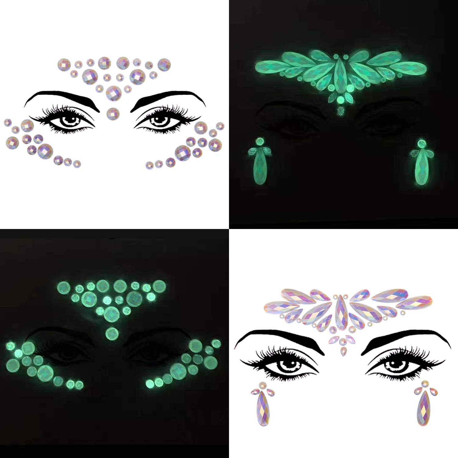SIQUK gemmes visage noctilucents brillantes, idéales pour fêtes et festivals.