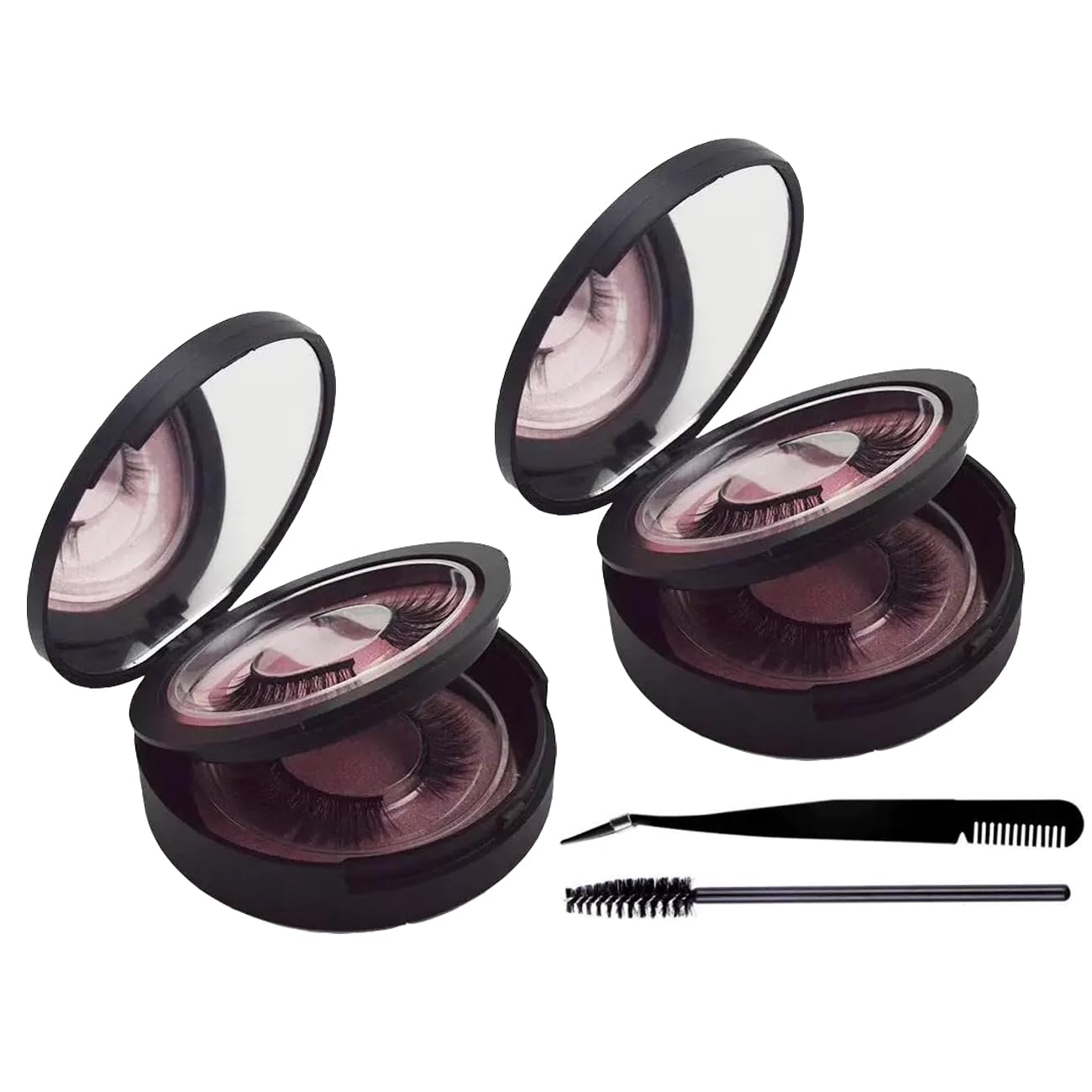 Boîtier SiSiMu pour cils à deux niveaux avec miroir noir, ouvert, pratique en voyage.